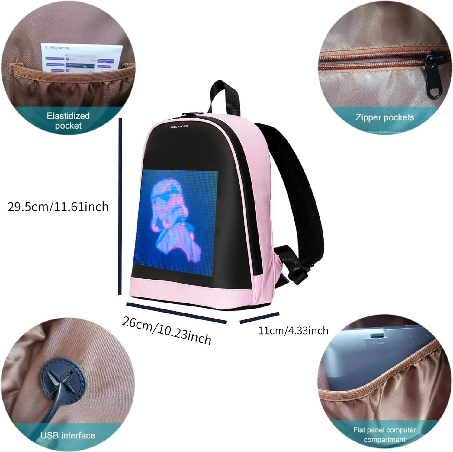 کوله پشتی پویا Crelander، کوله پشتی LED هوشمند، کیف شانه ای مینی مد روز، کوله پشتی روزانه قابل برنامه ریزی برای دوچرخه سواری و مسافرت