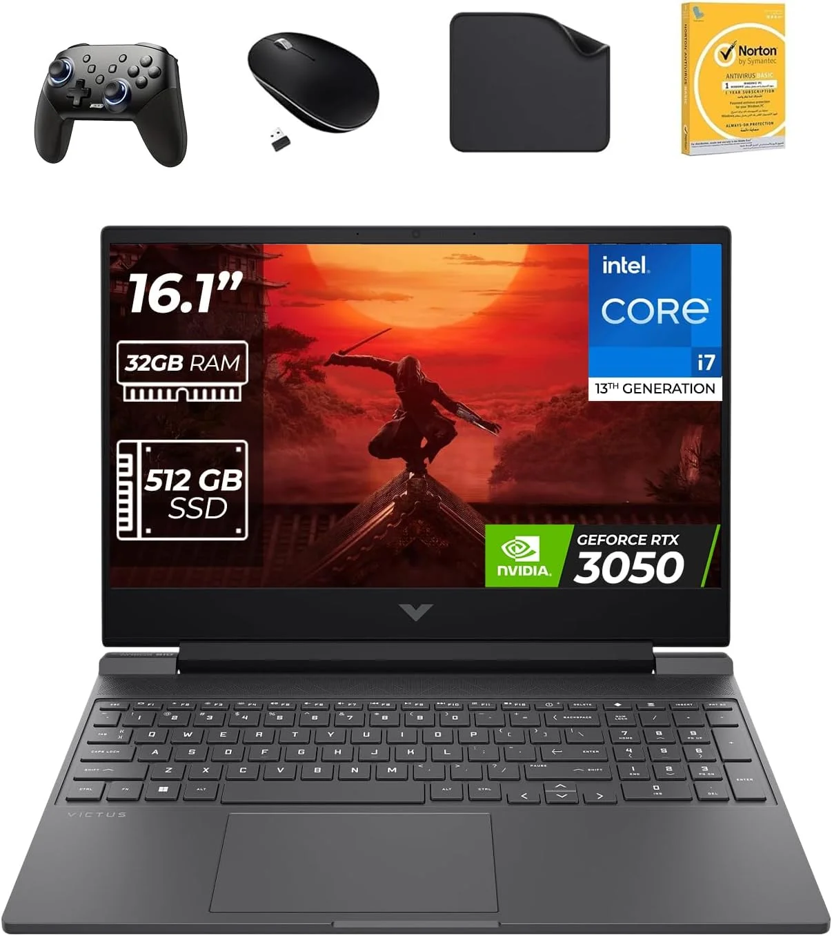 لپ تاپ گیمینگ 16.1 اینچی HP Victus - نسل سیزدهم Intel i7-13700H، گرافیک RTX 3050 6GB، رم 32GB DDR5، حافظه SSD 512GB، ویندوز 11 پرو (شامل دسته بازی موج اول + ماوس + آنتی ویروس + ماوس پد) 16-R0053NIA