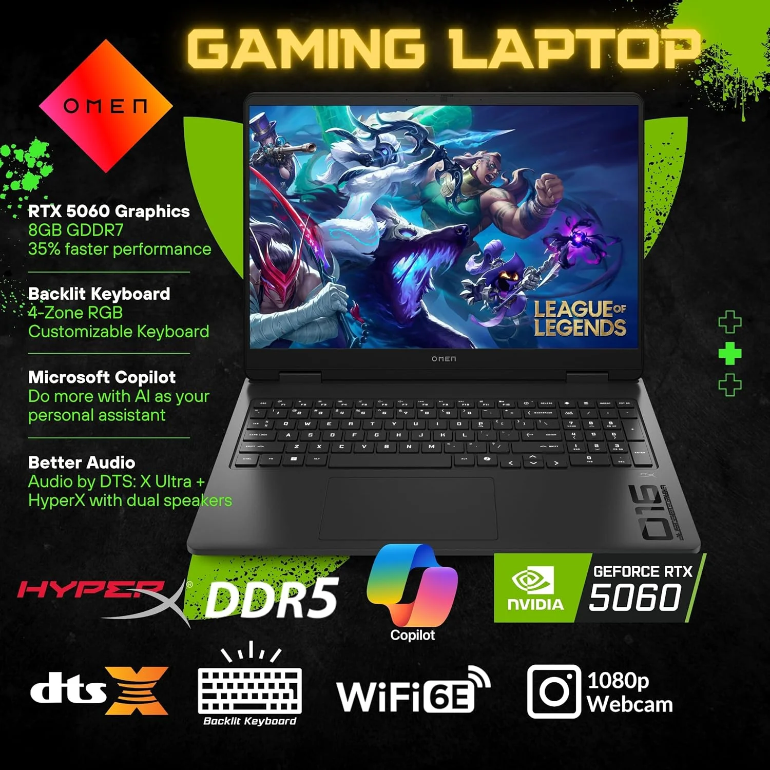لپ تاپ گیمینگ HP OMEN 16، نمایشگر 144 هرتز 1920x1200، رایزن 9 8940HX (>i9-13900H، 5.3 گیگاهرتز)، GeForce RTX 5060، کیبورد با نور پس زمینه RGB، وب کم 1080p، WiFi 6، ویندوز 11 هوم، مشکی (32 گیگابایت رم DDR5 | 2 ترابایت SSD) لپ تاپ گیمینگ HP OMEN 16، نمایشگر 144 هرتز 1920x1200، رایزن 9 8940HX (>i9-13900H، 5.3 گیگاهرتز)، GeForce RTX 5060، کیبورد با نور پس زمینه RGB، وب کم 1080p، WiFi 6، ویندوز 11 هوم، مشکی (32 گیگابایت رم DDR5 | 2 ترابایت SSD)