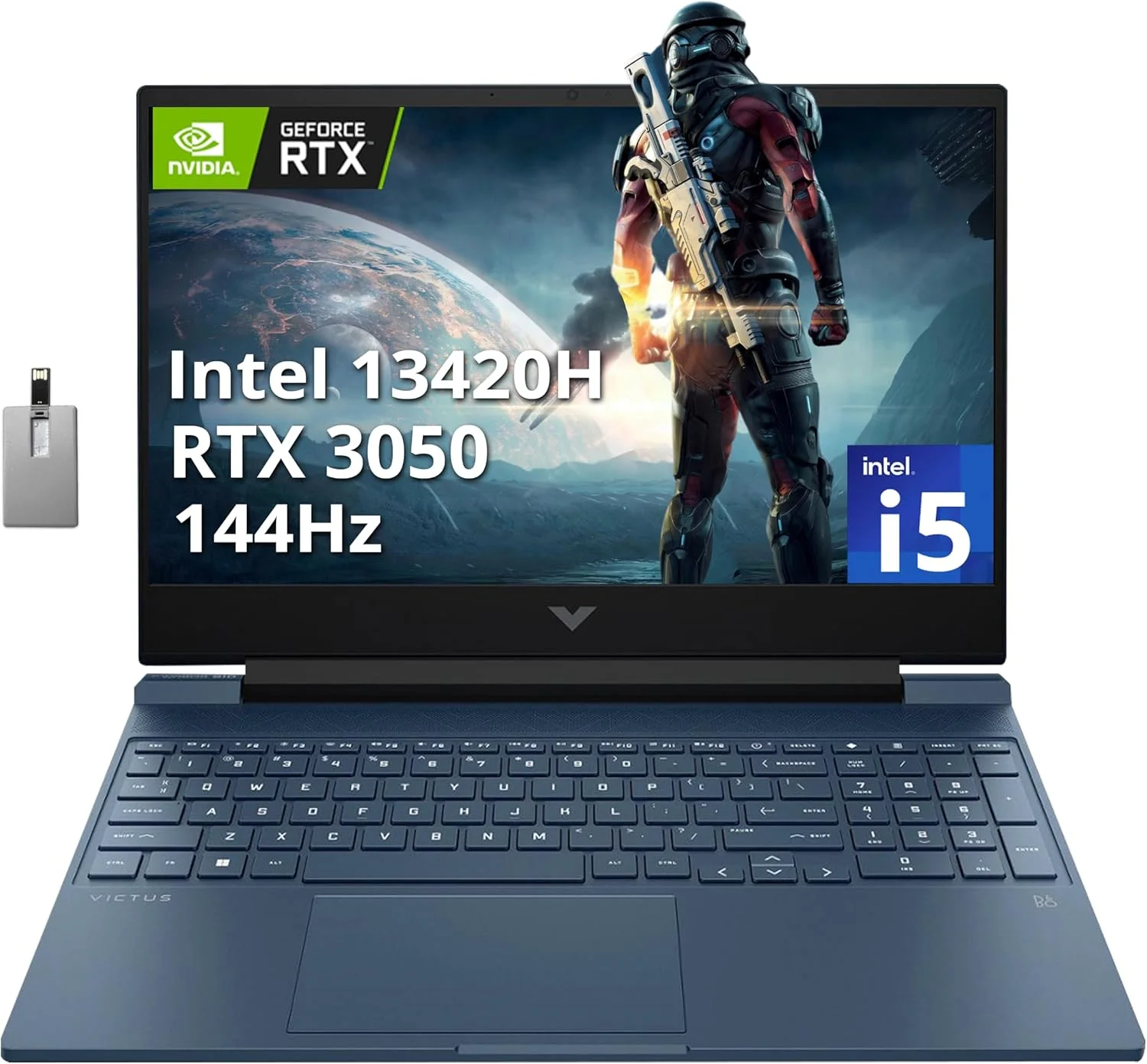 لپ تاپ گیمینگ 15.6 اینچی HP Victus با نرخ تازه سازی 144 هرتز FHD، پردازنده Intel i5-13420H، رم 64 گیگابایتی، SSD PCIe 2 ترابایتی، کارت گرافیک NVIDIA GeForce RTX 3050، کیبورد با نور پس زمینه، وب کم HD، ویندوز 11، آبی، کارت USB Hotface 32 گیگابایتی