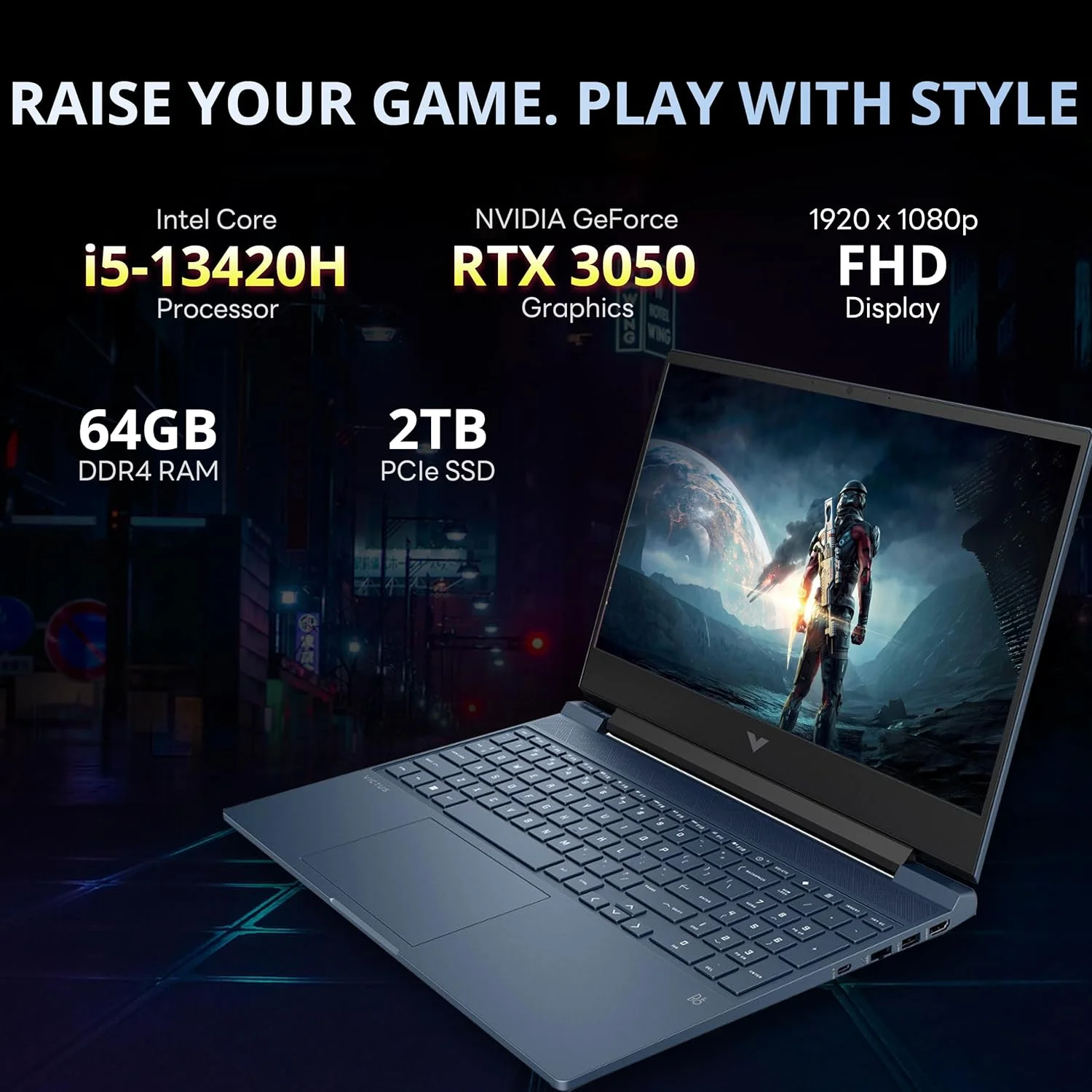 لپ تاپ گیمینگ 15.6 اینچی HP Victus با نرخ تازه سازی 144 هرتز FHD، پردازنده Intel i5-13420H، رم 64 گیگابایتی، SSD PCIe 2 ترابایتی، کارت گرافیک NVIDIA GeForce RTX 3050، کیبورد با نور پس زمینه، وب کم HD، ویندوز 11، آبی، کارت USB Hotface 32 گیگابایتی