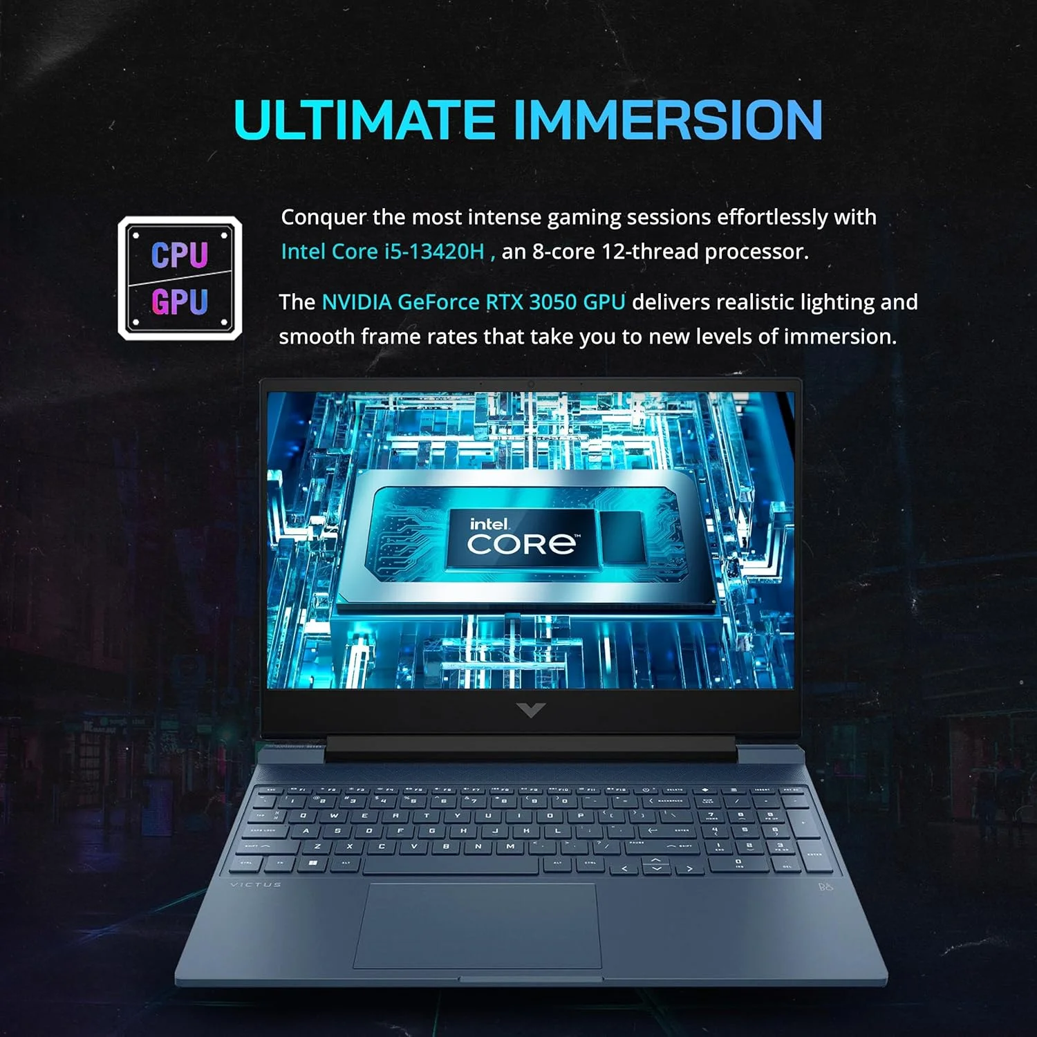 لپ تاپ گیمینگ 15.6 اینچی HP Victus با نرخ تازه سازی 144 هرتز FHD، پردازنده Intel i5-13420H، رم 64 گیگابایتی، SSD PCIe 2 ترابایتی، کارت گرافیک NVIDIA GeForce RTX 3050، کیبورد با نور پس زمینه، وب کم HD، ویندوز 11، آبی، کارت USB Hotface 32 گیگابایتی