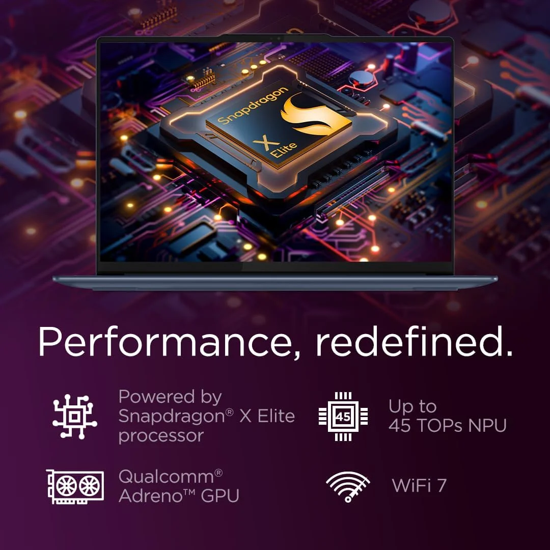 لپ تاپ Lenovo Yoga Slim 7 با CopilotAI، صفحه نمایش لمسی 14.5 اینچی 3K OLED، Snapdragon X Elite X1E-78-100 + Hexagon NPU 45 TOPS، رم 32 گیگابایتی، SSD 1 ترابایتی، نور پس زمینه انگلیسی-عربی W11، آبی کیهانی [83ED003CAX]+2 سال Premium Care