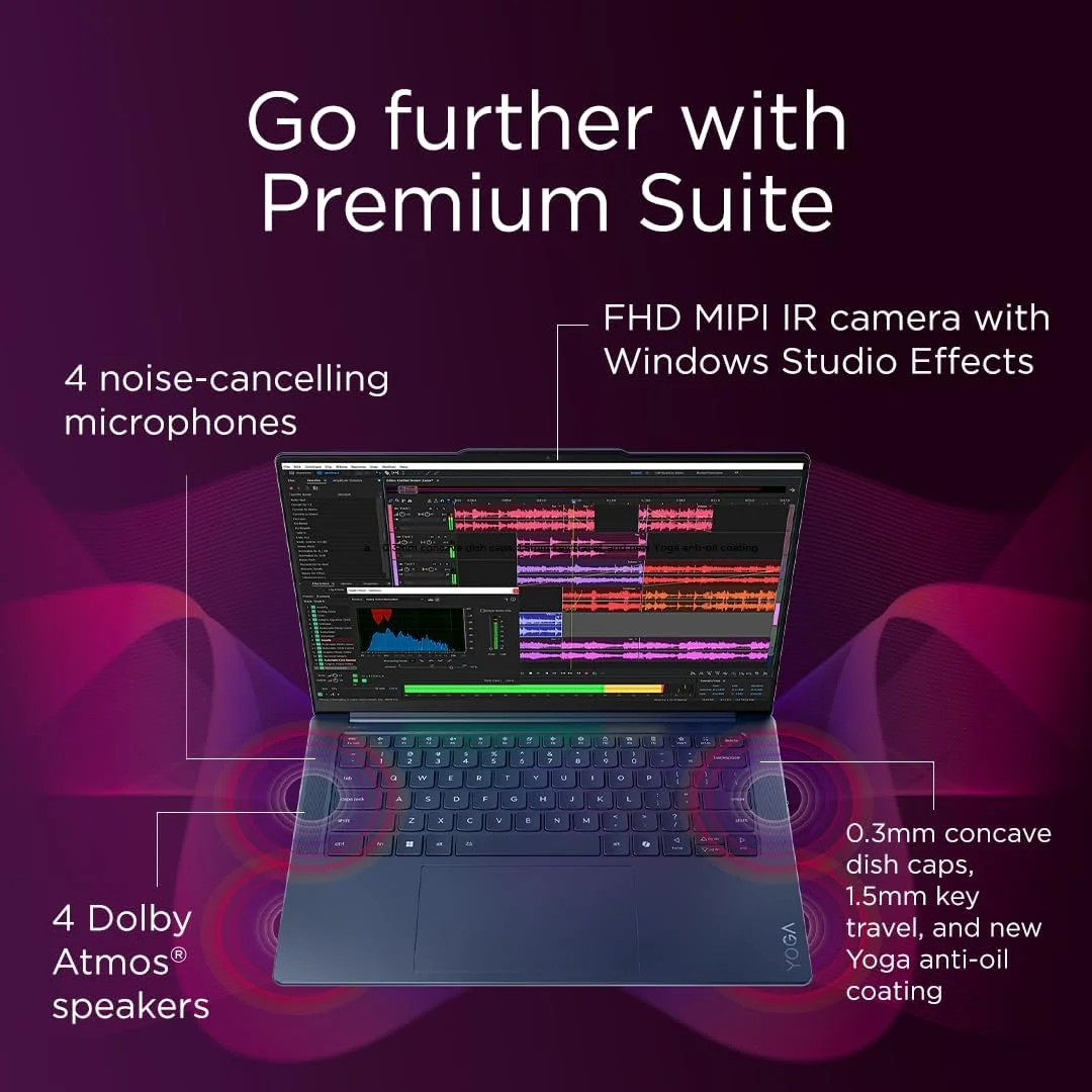 لپ تاپ Lenovo Yoga Slim 7 با CopilotAI، صفحه نمایش لمسی 14.5 اینچی 3K OLED، Snapdragon X Elite X1E-78-100 + Hexagon NPU 45 TOPS، رم 32 گیگابایتی، SSD 1 ترابایتی، نور پس زمینه انگلیسی-عربی W11، آبی کیهانی [83ED003CAX]+2 سال PremiumCare