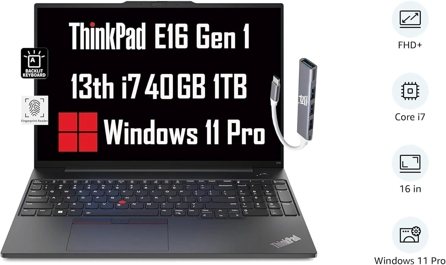 لپ تاپ تجاری لنوو ThinkPad E16 (صفحه نمایش 16 اینچی FHD+ ضد تابش نور، پردازنده نسل سیزدهم اینتل 10 هسته ای i7-1355U، رم 40 گیگابایتی، SSD 1 ترابایتی)، نور پس زمینه، اثر انگشت، IST Hub، وب کم FHD، اترنت، Wi-Fi 6، ویندوز 11 پرو، مشکی