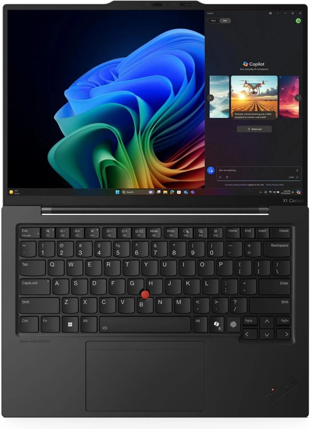 لپ تاپ Lenovo Gen 13 ThinkPad X1 Carbon Aura Edition با پردازنده Intel Ultra 7 258V، صفحه نمایش 14 اینچی 2.8K 2880x1800 OLED غیر لمسی 400 نیت 120 هرتز، Wi-Fi 7، رم 32 گیگابایتی، SSD 2 ترابایتی، دوربین FHD RGB/IR، ویندوز 11 پرو