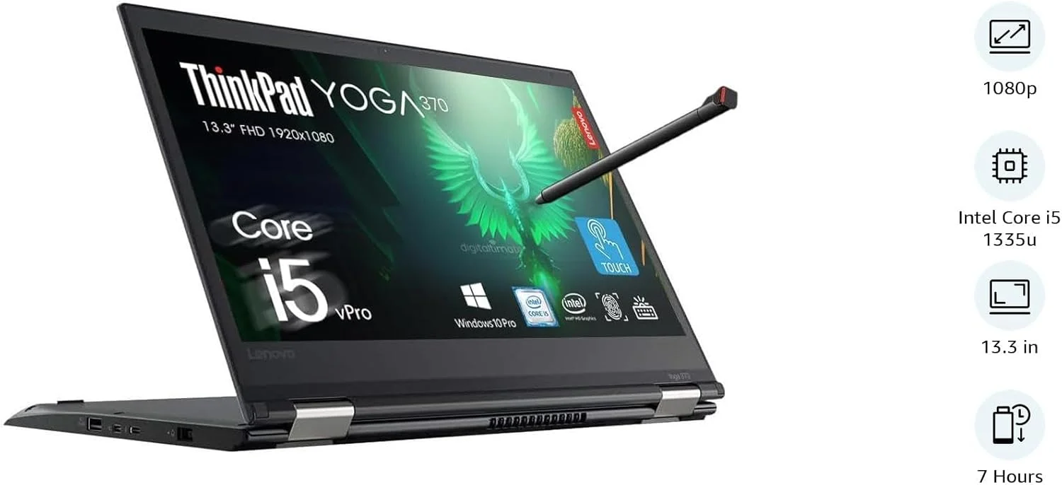 (بازسازی شده) لنوو ThinkPad Yoga 370 2in1 لمسی با قلم، پردازنده Intel Core i5-7300U، صفحه نمایش 13.3 اینچی FHD، رم 16 گیگابایتی، SSD 512 گیگابایتی، صفحه کلید با نور پس زمینه، حسگر اثر انگشت، Thunderbolt 3، کارت خوان MicroSD، ویندوز 10 پرو - (رم 16 گیگابایتی | SSD 512 گیگابایتی)