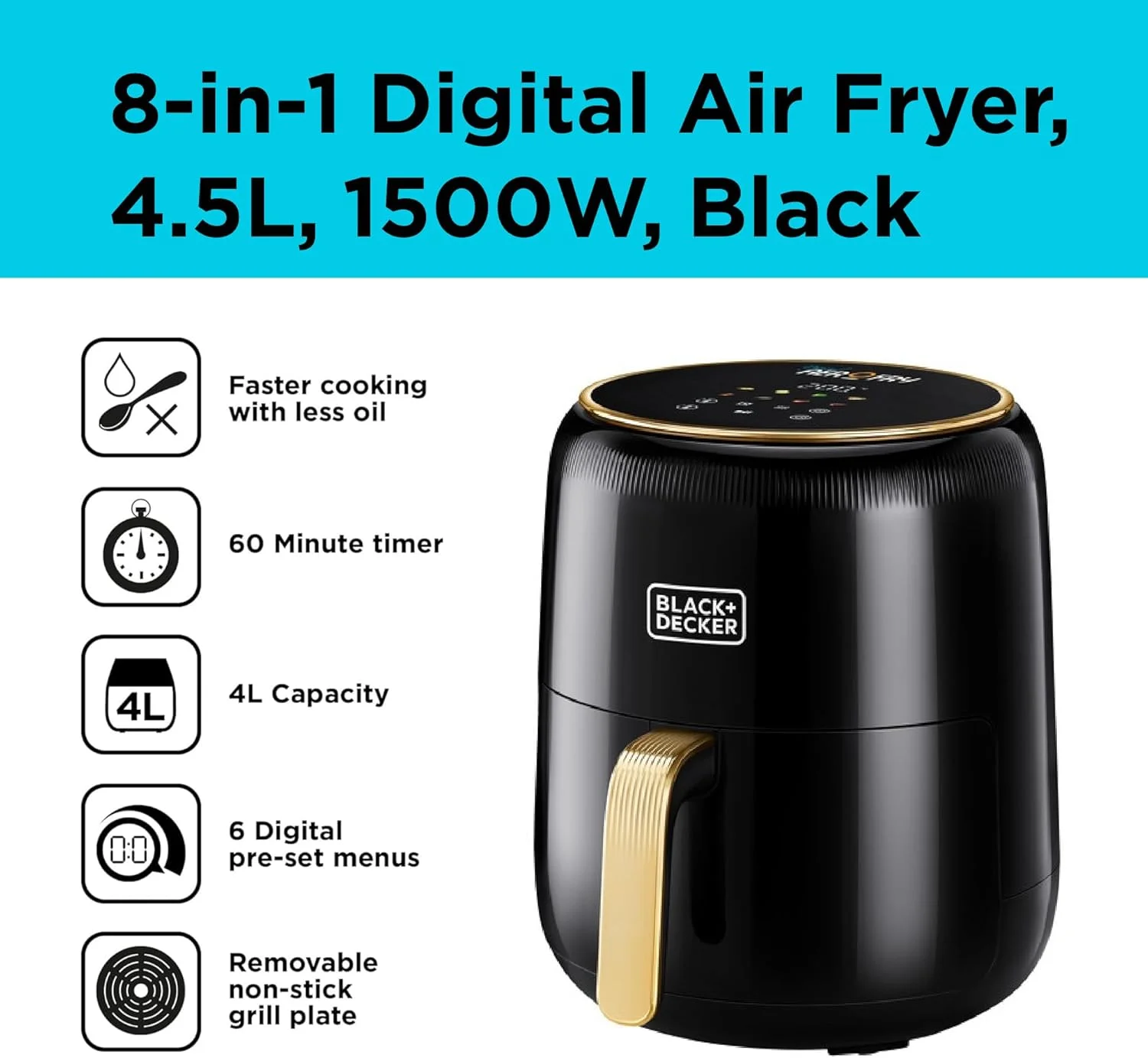 سرخ کن دیجیتال 8 در 1 بلک اند دکر، سبد نچسب 4.5 لیتری، 1500 وات، فناوری Rapid Air، صفحه نمایش لمسی LED، تایمر تاخیر 24 ساعته، خاموش شدن خودکار ایمنی، سبد قابل شستشو در ماشین ظرفشویی – AF4510-B5 سرخ کن دیجیتال 8 در 1 بلک اند دکر، سبد نچسب 4.5 لیتری، 1500 وات، فناوری Rapid Air، صفحه نمایش لمسی LED، تایمر تاخیر 24 ساعته، خاموش شدن خودکار ایمنی، سبد قابل شستشو در ماشین ظرفشویی – AF4510-B5