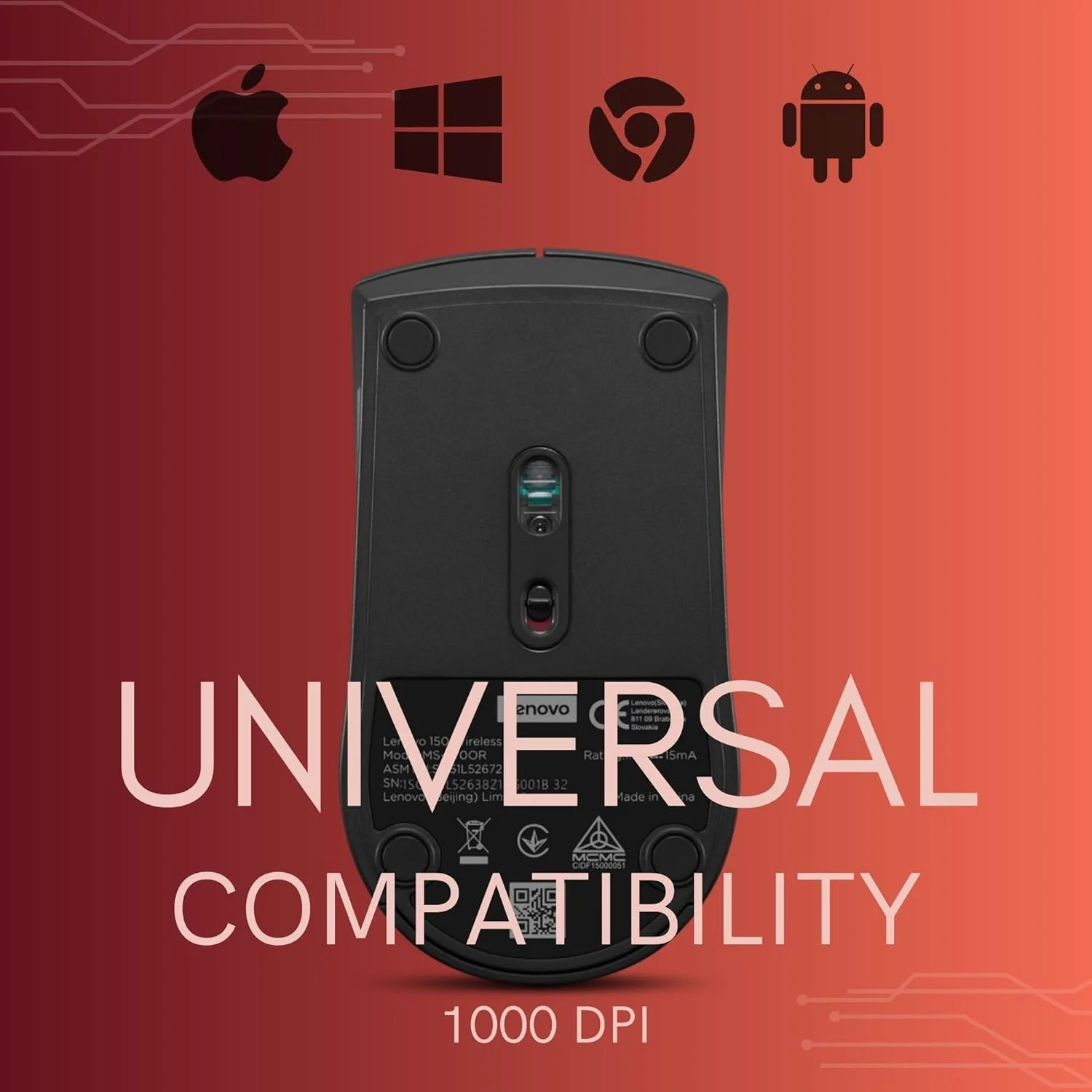 موس بی سیم لنوو 150 | 2.4G از طریق دانگل USB-A | سنسور اپتیکال LED | 1000 DPI | مشکی - [GY51L52638]