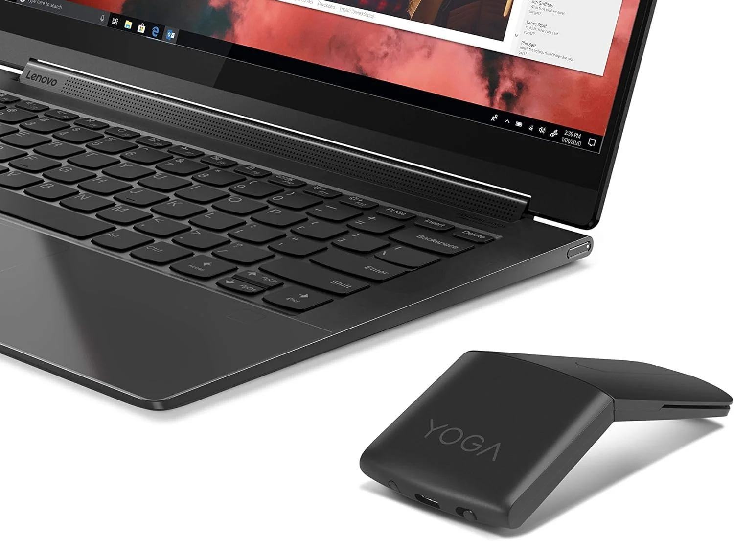 موس کامپیوتر Lenovo Yoga برای PC، لپ تاپ، کامپیوتر با ویندوز یا کروم - گیرنده نانو بی سیم 2.4 گیگاهرتز و بلوتوث 5.0 - طراحی ارگونومیک V شکل - قابلیت چرخش و تخت شدن - دارای نشانگر لیزری داخلی - مشکی سایه