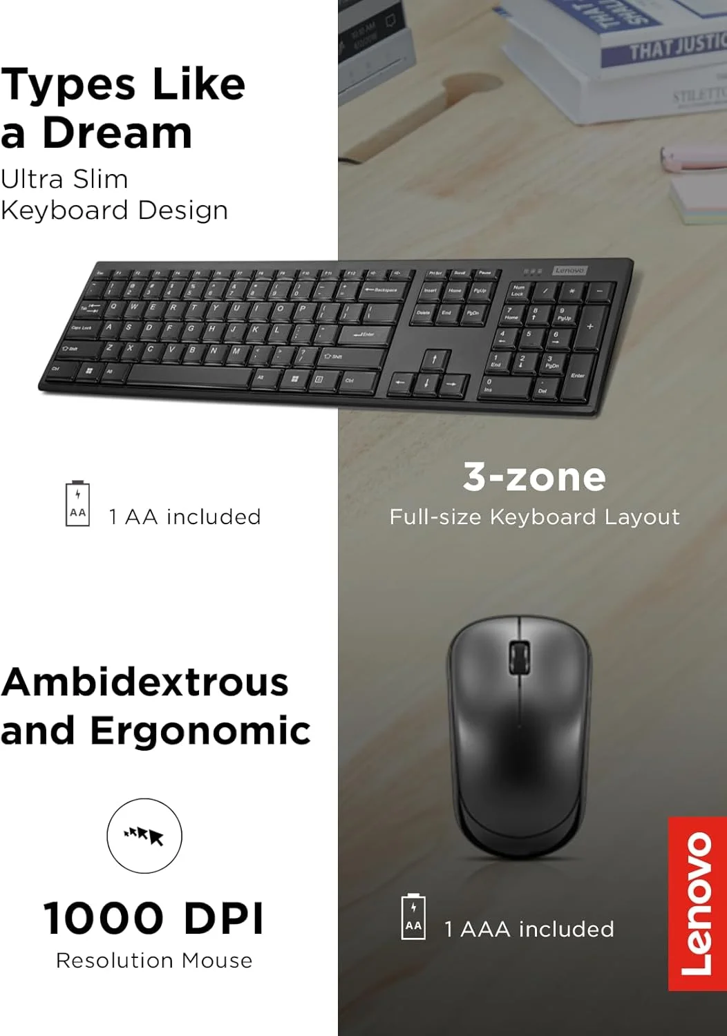 ست کیبورد و ماوس بی‌سیم لنوو 100 - ست بی‌سیم با کلیدهای بی‌صدا و مقاوم در برابر نفوذ مایعات - کیبورد 3 ناحیه‌ای - ماوس دو طرفه - طراحی جمع و جور - USB بی‌سیم - مشکی