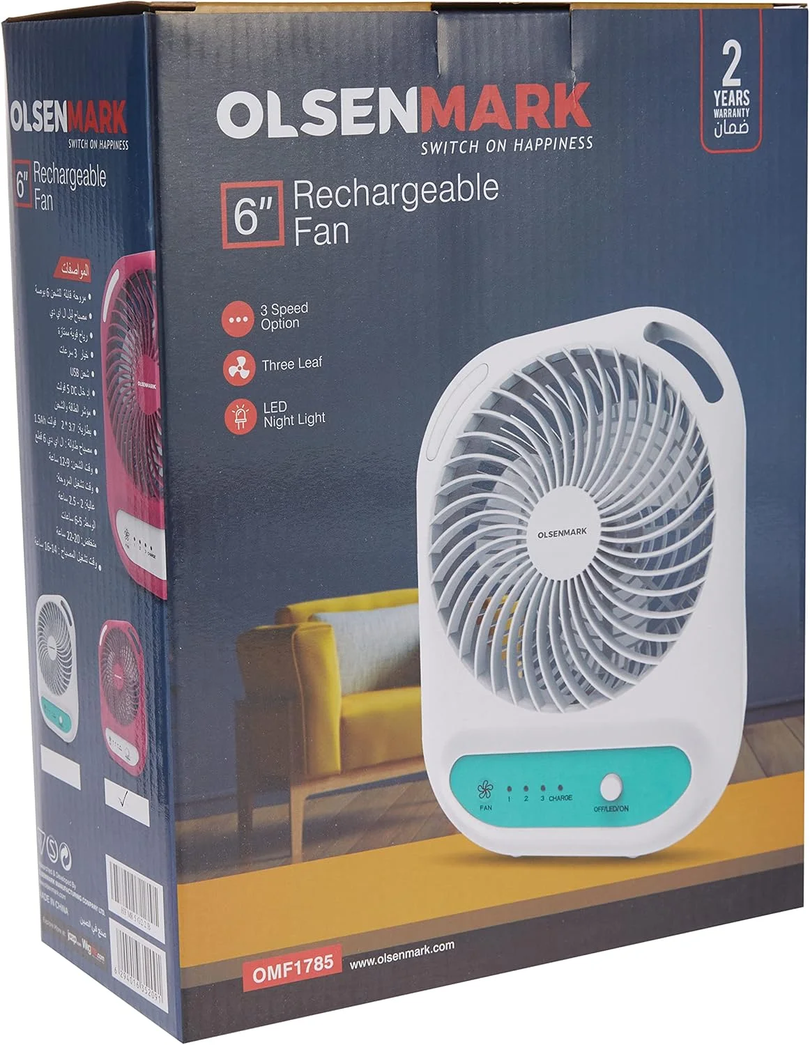پنکه شارژی اولسن مارک، 6 اینچ - باتری 2X3.7V 1.5Ah - قابل حمل، سبک وزن - قابل شارژ با USB - چراغ نشانگر شارژ و قدرت - گزینه 3 سرعت - 6 عدد چراغ LED، چند رنگ، Omf1785 پنکه شارژی اولسن مارک، 6 اینچ - باتری 2X3.7V 1.5Ah - قابل حمل، سبک وزن - قابل شارژ با USB - چراغ نشانگر شارژ و قدرت - گزینه 3 سرعت - 6 عدد چراغ LED، چند رنگ، Omf1785