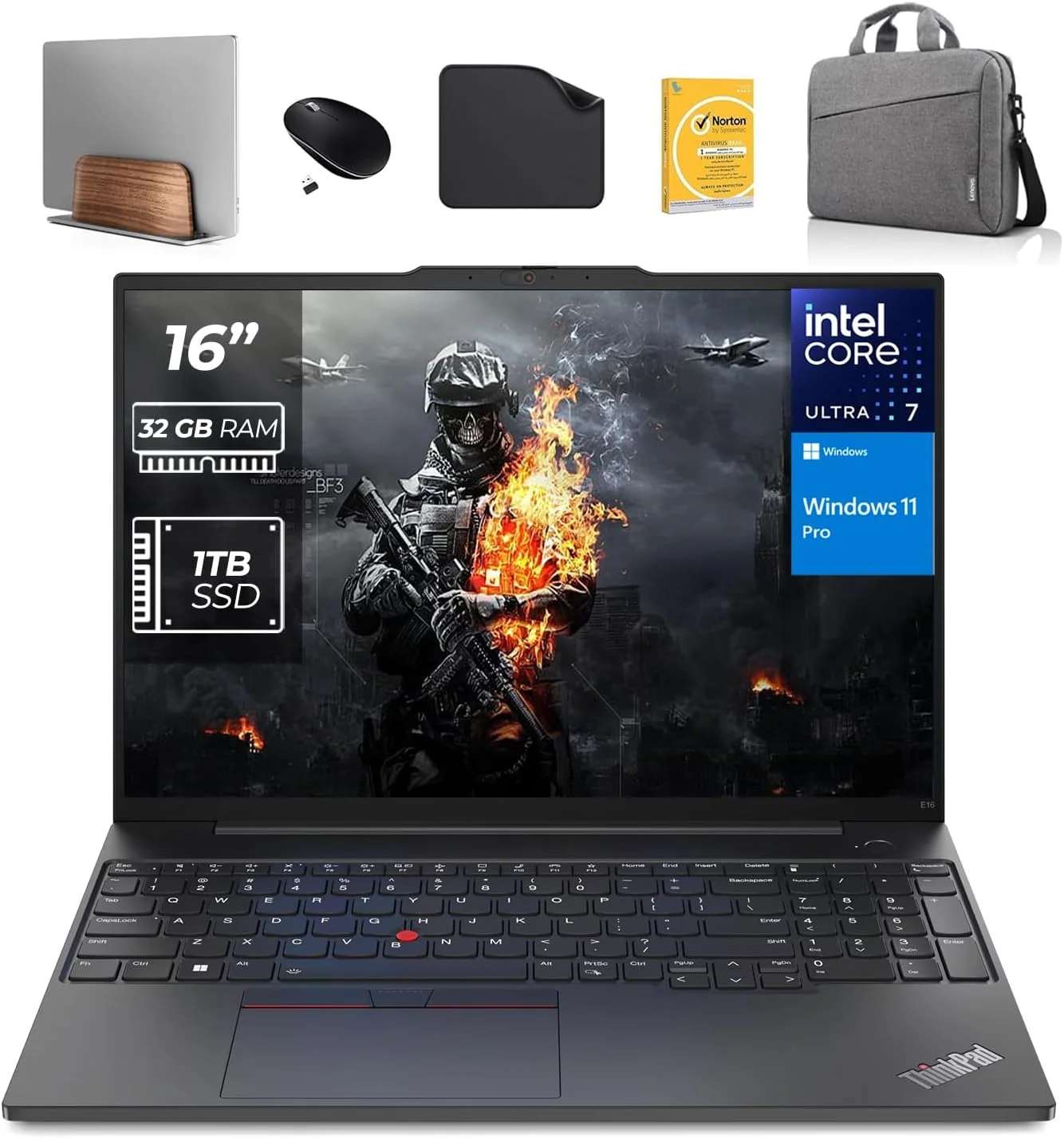 لپ تاپ تجاری لنوو ThinkPad E16 Gen 2 - شامل پایه لپ تاپ عمودی First Wave + ماوس بی سیم + کیف + آنتی ویروس + پد ماوس | Intel Ultra 7-155H، 32 گیگابایت رم - 1 ترابایت SSD، ویندوز 11 پرو (ارتقا)