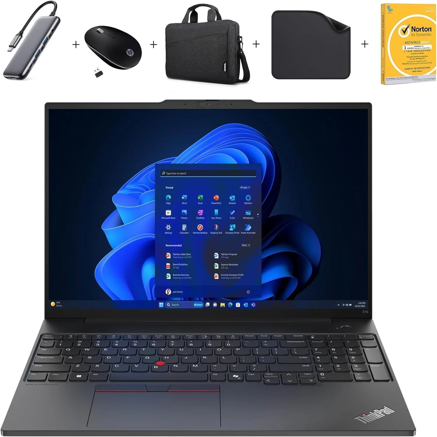 لپ تاپ تجاری لنوو ThinkPad E16 Gen 2 - پایه لپ تاپ عمودی 1st Wave + ماوس بی سیم + کیف + آنتی ویروس + پد ماوس | Intel Ultra 7-155H، 16 گیگابایت رم - 1 ترابایت SSD، ویندوز 11 پرو (ارتقا)