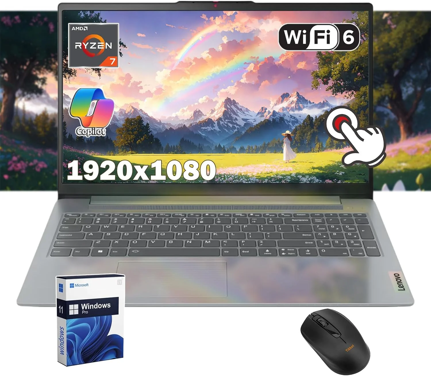 لپ تاپ تجاری Lenovo IdeaPad Slim 3، صفحه نمایش لمسی 15.6 اینچی FHD IPS، کامپیوتر هوش مصنوعی Copilot، پردازنده 8 هسته ای AMD Ryzen 7 5825U، Wi-Fi 6، ویندوز 11 پرو، همراه با ماوس