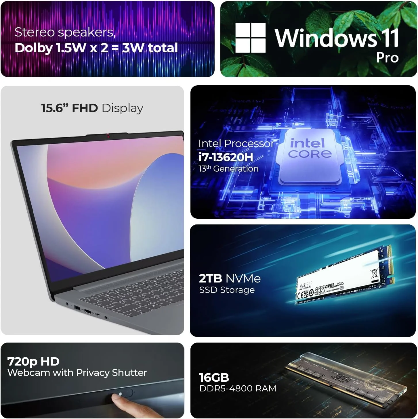 لپ تاپ Lenovo IdeaPad Slim 3 15IRH10، نسل سیزدهم Intel i7-13620H، رم 24 گیگابایت، SSD 2 ترابایت، صفحه نمایش 15.3 اینچی WUXGA IPS، ویندوز 11 پرو، خاکستری Luna - بسته موج اول با اسکنر اسناد، هاب 7 در 1، ماوس و ماوس پد