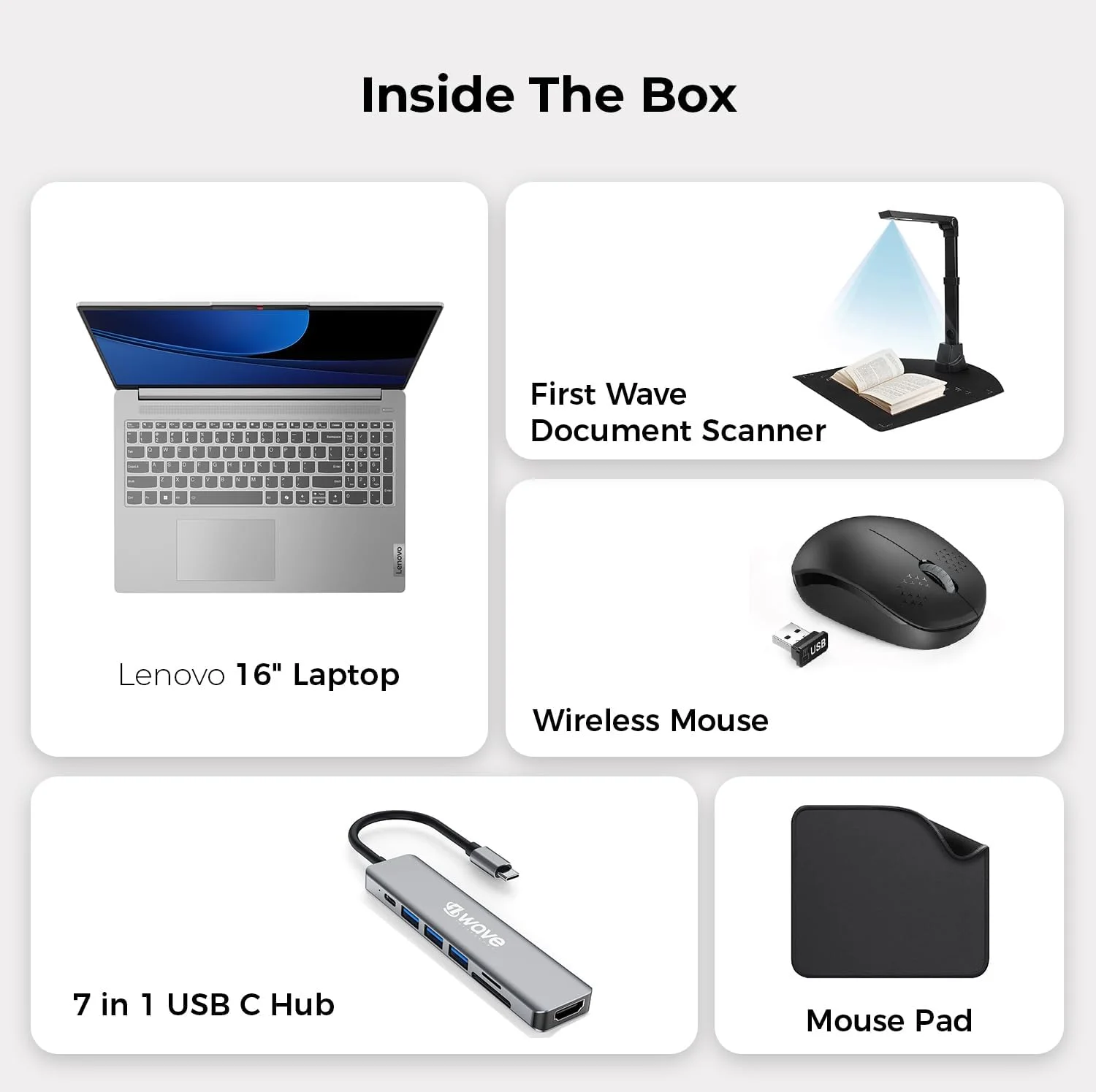 لپ تاپ 16 اینچی 2K OLED لنوو IdeaPad Slim 5 - Intel Ultra 5-125H • 16 گیگابایت رم • 1 ترابایت SSD • صفحه نمایش 120 هرتز HDR • Wi-Fi 6E • Win11 Pro • خاکستری ابری - همراه با اسکنر اسناد First Wave، هاب 7 در 1، ماوس و ماوس پد