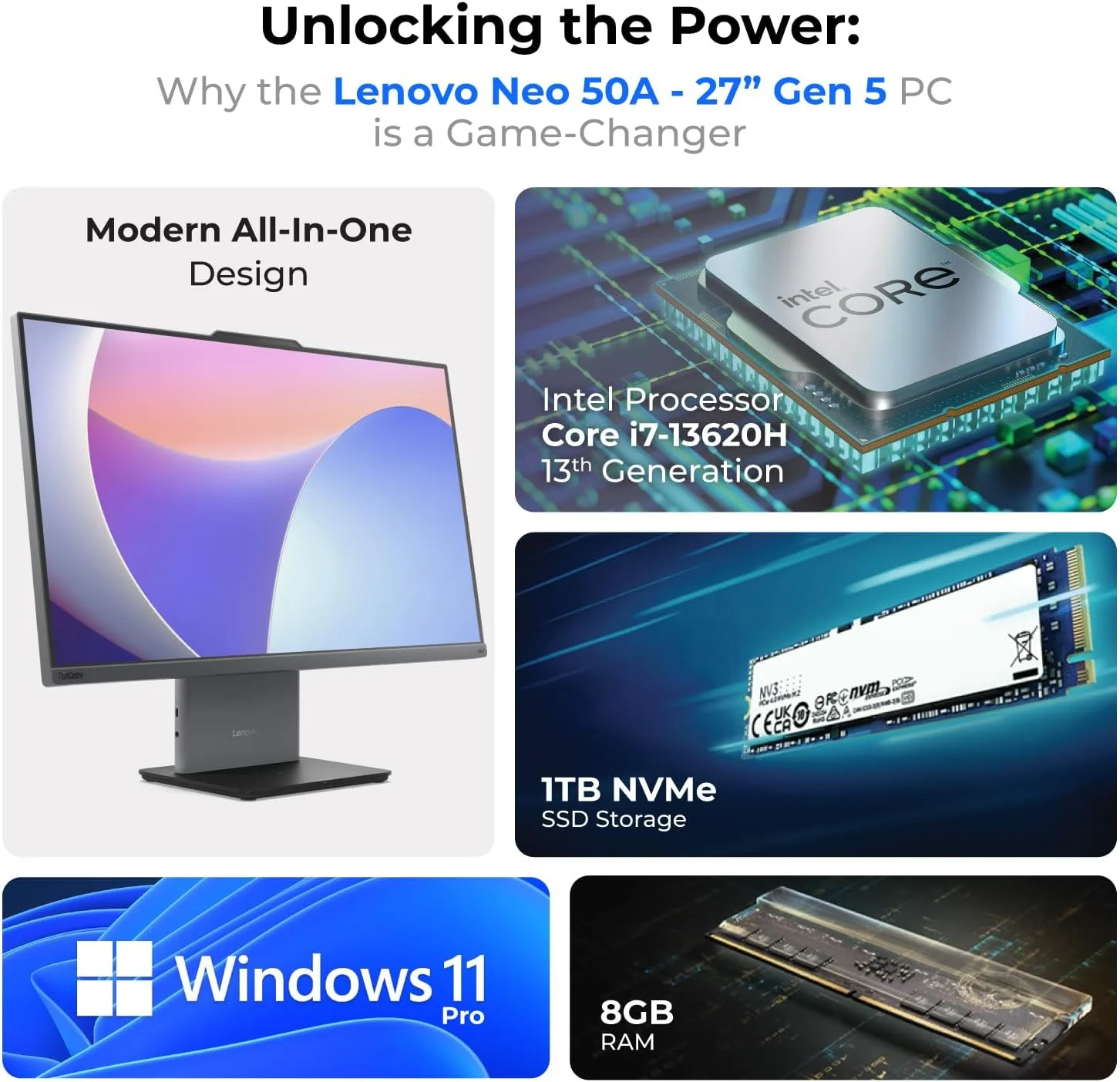 کامپیوتر همه کاره 27 اینچی لنوو - نسل سیزدهم اینتل i7-13620H، ویندوز 11 پرو، 1 سال گارانتی (شامل پایه هدفون First Wave + هاب 5 در 1 + کیبورد + ماوس + آنتی ویروس) Neo50a Gen 5 (8 گیگابایت رم | 1 ترابایت SSD)