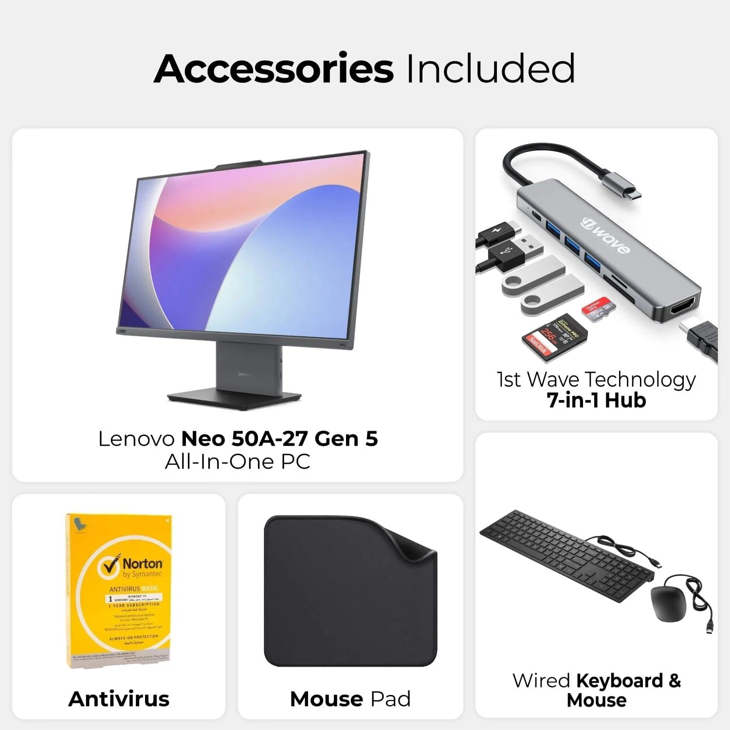 کامپیوتر همه کاره 27 اینچی لنوو - نسل سیزدهم اینتل i7-13620H، ویندوز 11 پرو، 1 سال گارانتی (شامل پایه هدفون First Wave + هاب 5 در 1 + کیبورد + ماوس + آنتی ویروس) Neo50a Gen 5 (8 گیگابایت رم | 1 ترابایت SSD)
