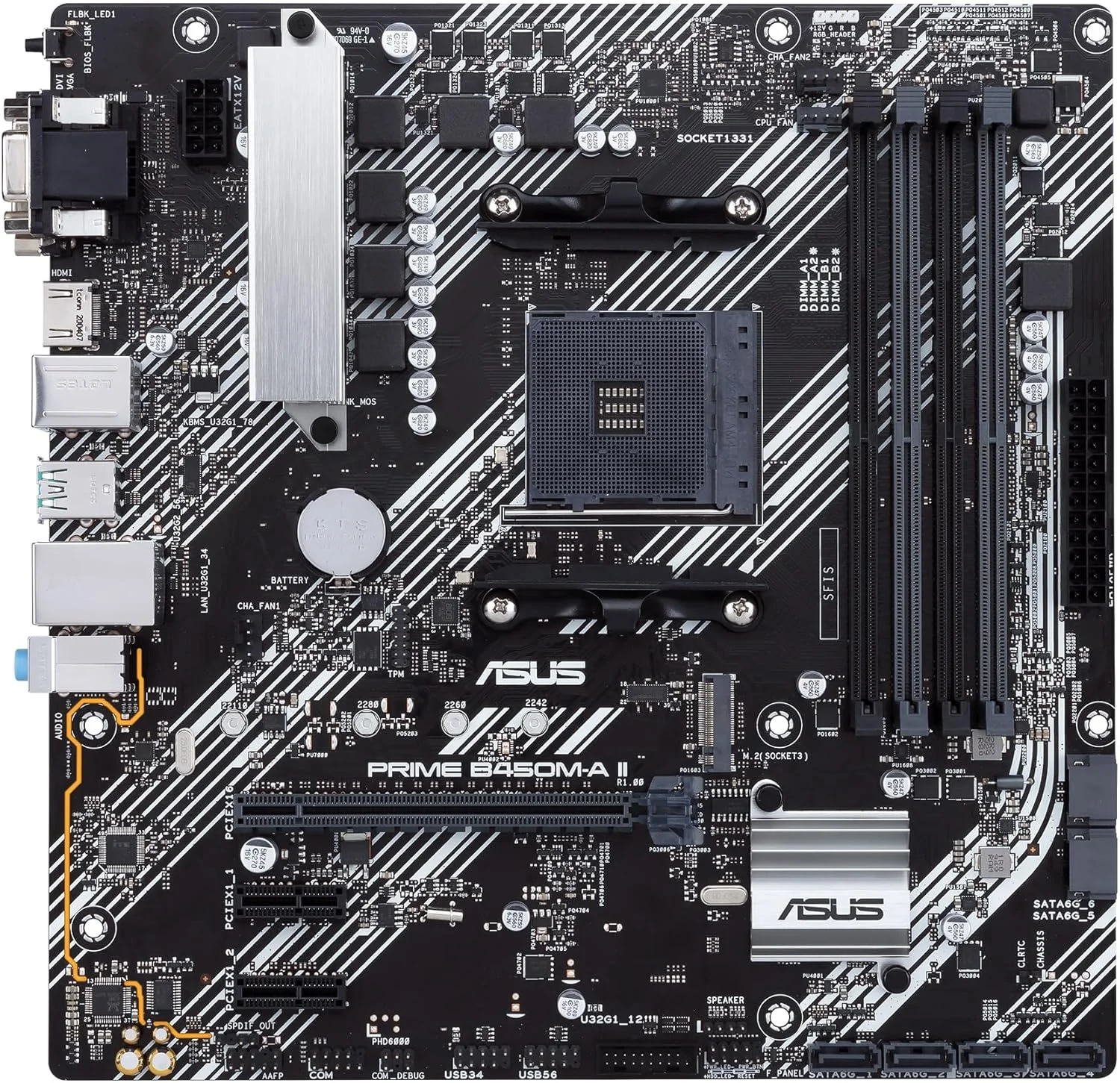 مادربرد ASUS PRIME B450M-A II AMD B450 AM4 micro ATX با پشتیبانی از M.2، HDMI/DVI-D/D-Sub، SATA 6 Gbps، اترنت 1 گیگابیتی، USB 3.2 Gen 2 Type-A و Aura Sync RGB