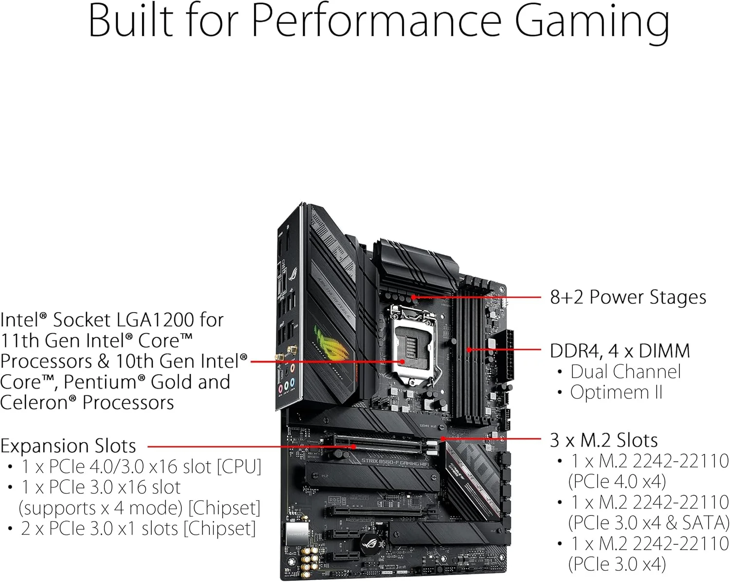 مادربرد ایسوس ROG STRIX B560-F GAMING WIFI (INTEL B560) LGA 1200 ATX با PCIe 4.0، 802.11ax، سه اسلات M.2 با هیت سینک، USB 3.2 Gen 2x2 USB Type-C