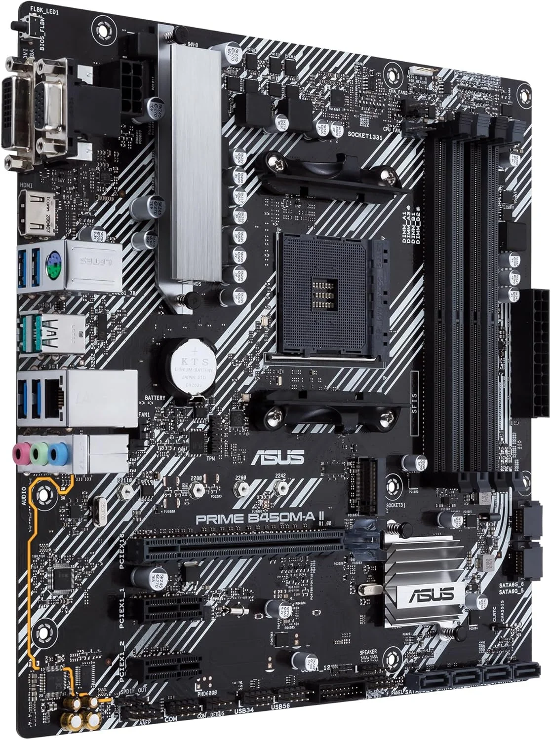 مادربرد ASUS PRIME B450M-A II AMD B450 AM4 micro ATX با پشتیبانی از M.2، HDMI/DVI-D/D-Sub، SATA 6 Gbps، اترنت 1 گیگابیتی، USB 3.2 Gen 2 Type-A و Aura Sync RGB