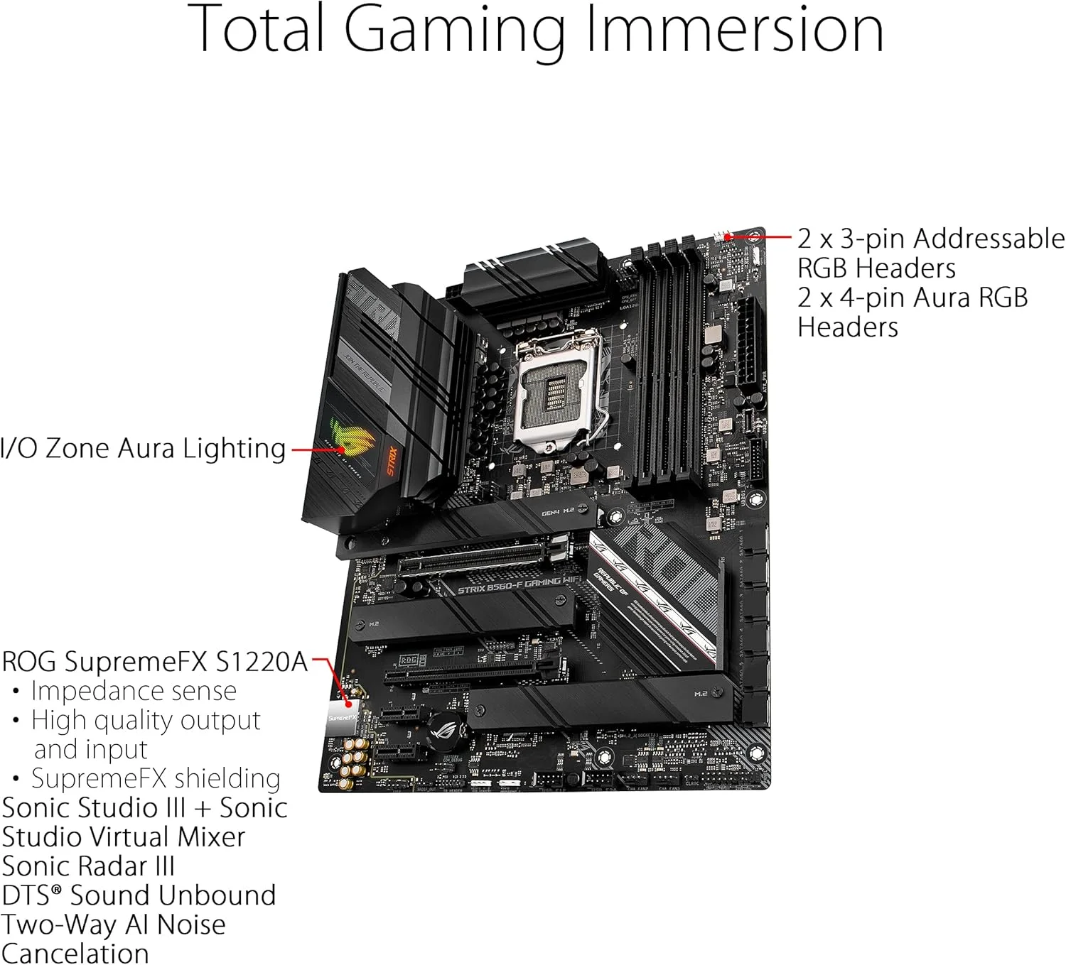 مادربرد ایسوس ROG STRIX B560-F GAMING WIFI (INTEL B560) LGA 1200 ATX با PCIe 4.0، 802.11ax، سه اسلات M.2 با هیت سینک، USB 3.2 Gen 2x2 USB Type-C