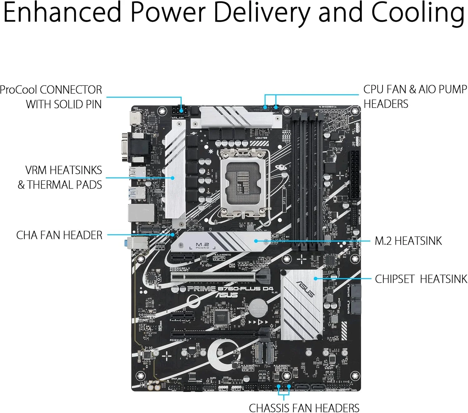 مادربرد ASUS Prime B760-PLUS D4 Intel (نسل سیزدهم و دوازدهم) LGA 1700 ATX، PCIe 5.0، 3 اسلات PCIe 4.0 M.2، DDR4، LAN 2.5Gb، DisplayPort، USB 3.2 Gen 2x2 Type-C، USB 3.2 Gen 1 Type-C جلویی، Thunderbolt (USB4®)