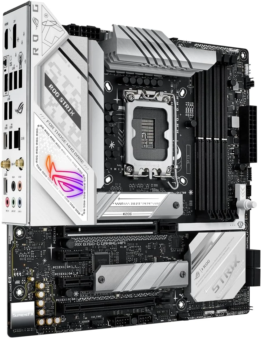 مادربرد ASUS ROG STRIX B760-G GAMING WIFI Intel B760 LGA 1700 سفید mATX با 12 + 1 فاز قدرت، DDR5، PCIe 5.0 x16 SafeSlot، دو اسلات PCIe 4.0 M.2، WiFi 6E، اترنت 2.5G و Aura Sync