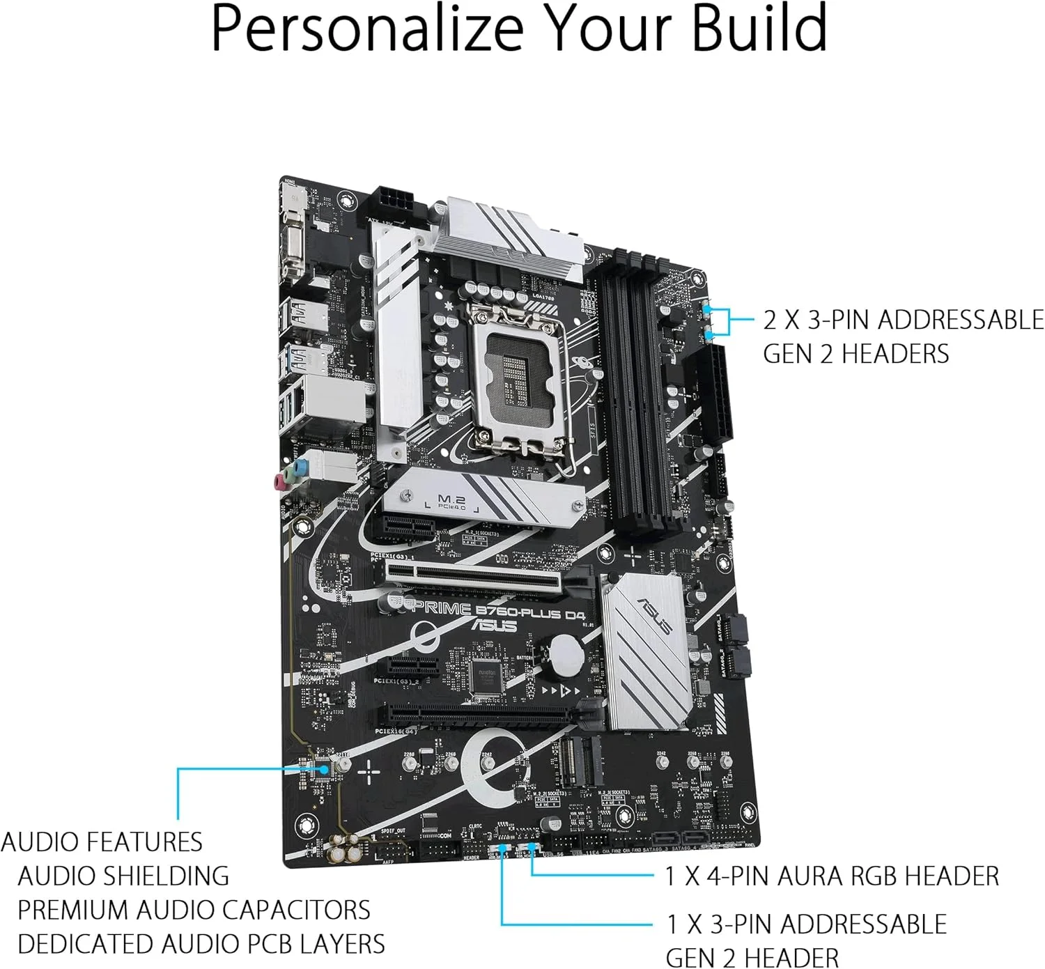 مادربرد ASUS Prime B760-PLUS D4 Intel (نسل سیزدهم و دوازدهم) LGA 1700 ATX، PCIe 5.0، 3 اسلات PCIe 4.0 M.2، DDR4، LAN 2.5Gb، DisplayPort، USB 3.2 Gen 2x2 Type-C، USB 3.2 Gen 1 Type-C جلویی، Thunderbolt (USB4®)