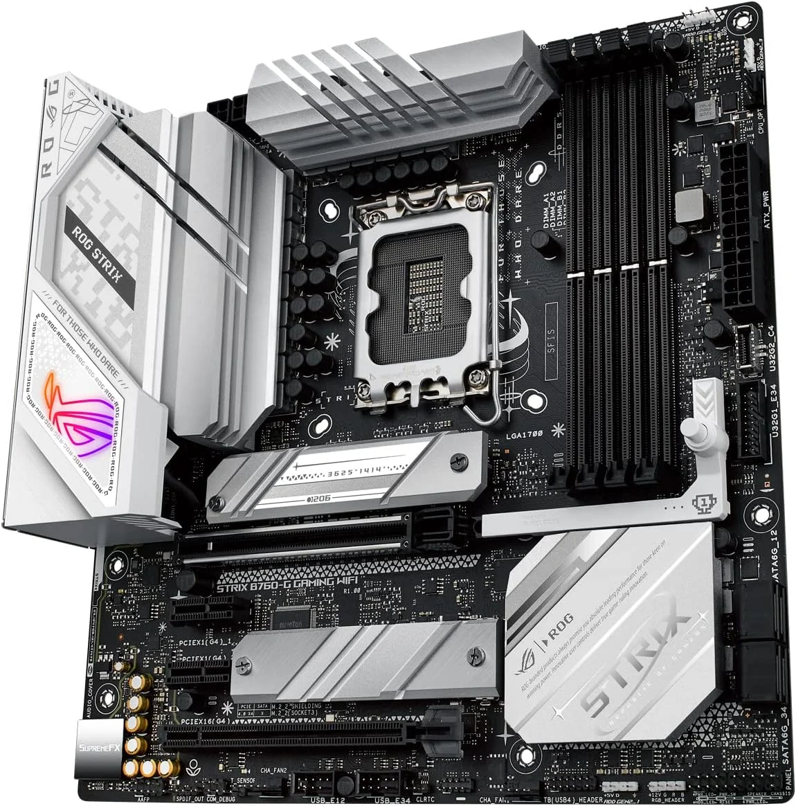 مادربرد ASUS ROG STRIX B760-G GAMING WIFI Intel B760 LGA 1700 سفید mATX با 12 + 1 فاز قدرت، DDR5، PCIe 5.0 x16 SafeSlot، دو اسلات PCIe 4.0 M.2، WiFi 6E، اترنت 2.5G و Aura Sync