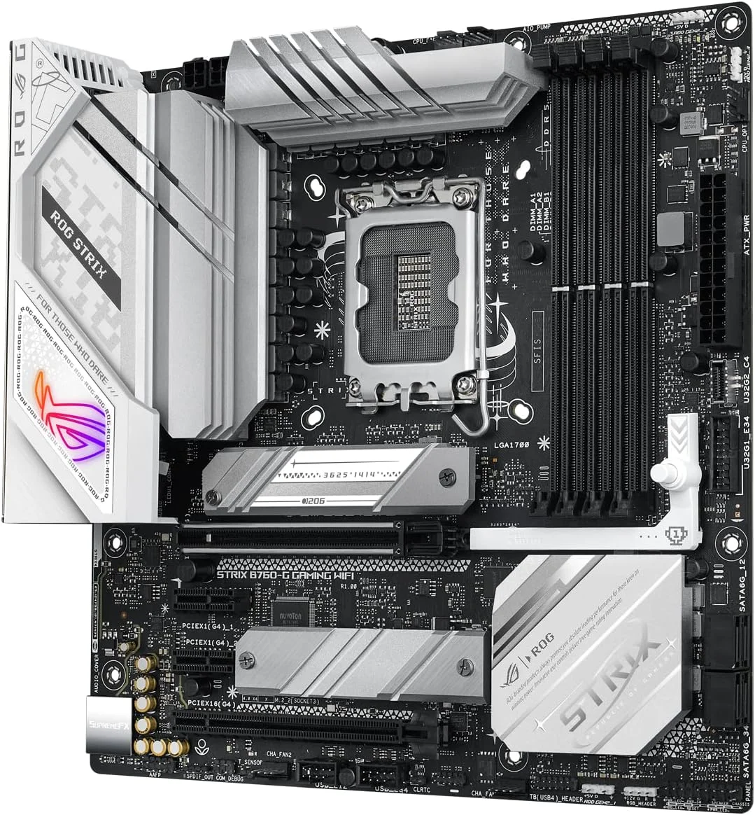 مادربرد ASUS ROG STRIX B760-G GAMING WIFI Intel B760 LGA 1700 سفید mATX با 12 + 1 فاز قدرت، DDR5، PCIe 5.0 x16 SafeSlot، دو اسلات PCIe 4.0 M.2، WiFi 6E، اترنت 2.5G و Aura Sync