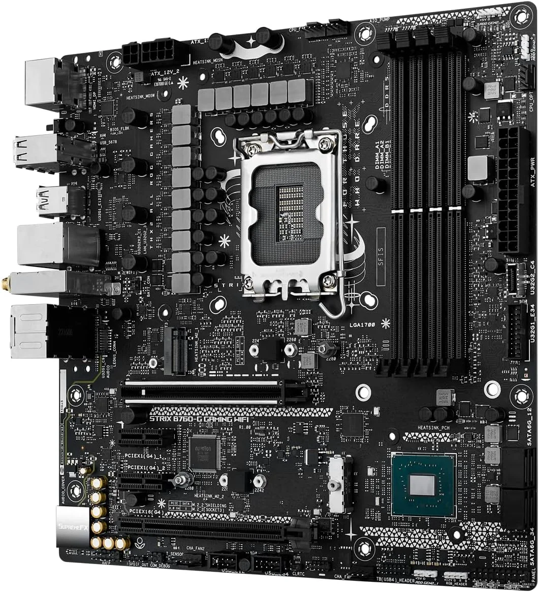 مادربرد ASUS ROG STRIX B760-G GAMING WIFI Intel B760 LGA 1700 سفید mATX با 12 + 1 فاز قدرت، DDR5، PCIe 5.0 x16 SafeSlot، دو اسلات PCIe 4.0 M.2، WiFi 6E، اترنت 2.5G و Aura Sync