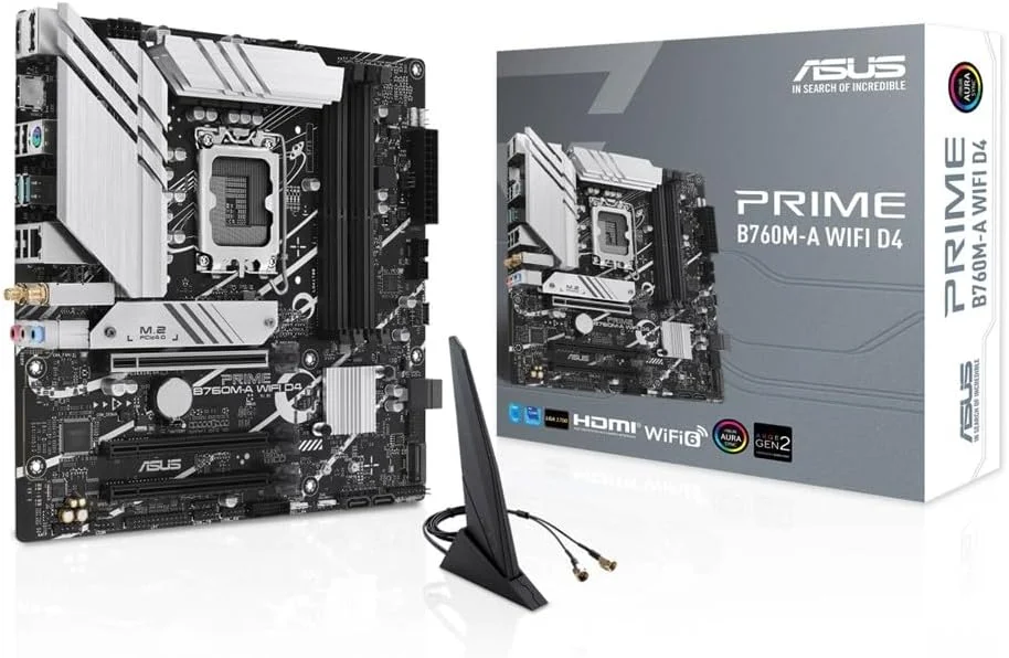 مادربرد ASUS Prime B760M-A WiFi D4 (LGA 1700) mATX، PCIe 4.0، اسلات های M.2، اترنت 2.5 گیگابیتی، Wi-Fi 6، دو HDMI، DDR4، SATA 6 Gbps، USB 3.2 Gen 2 پشتی، USB 3.2 Gen 1 Type-C جلویی، Aura Sync