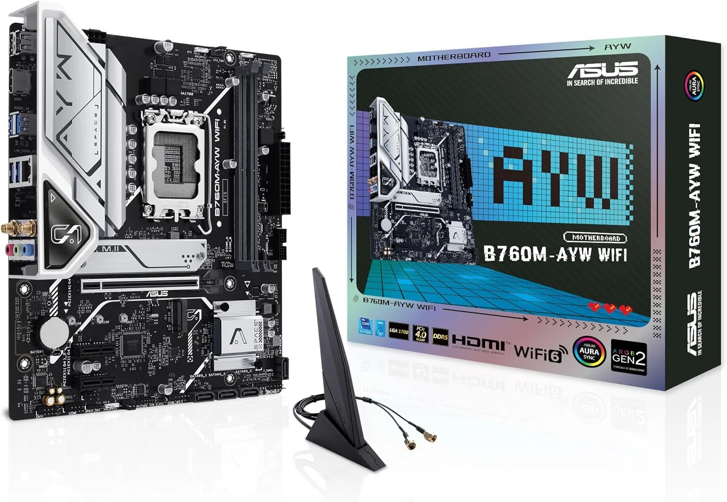 مادربرد ASUS B760M-AYW WiFi، یک مادربرد mATX اینتل® B760 LGA 1700 با PCIe 4.0، دو اسلات PCIe 4.0 M.2، DDR5، اترنت Realtek 2.5Gb، WiFi 6، HDMI™، SATA 6 Gbps، USB 3.2 Gen 1 جلو، Aura Sync
