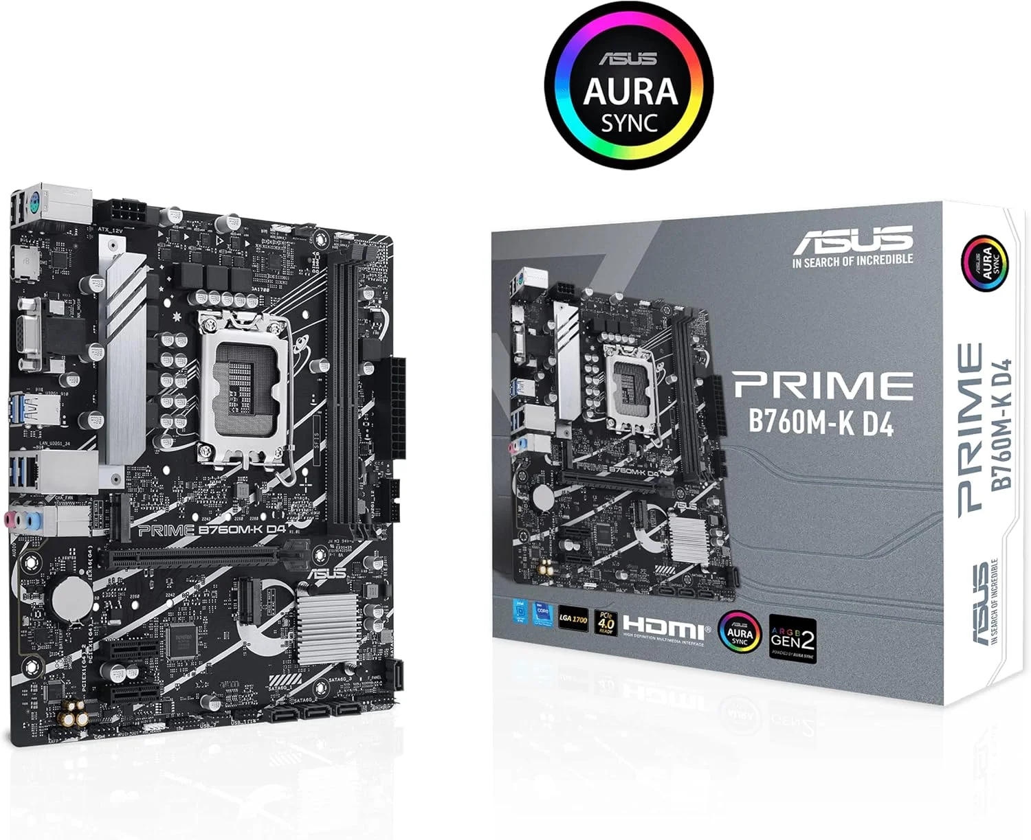 مادربرد ASUS Prime B760M-K D4 Intel® B760 (LGA 1700) (نسل سیزدهم و دوازدهم) mATX، PCIe 4.0، دو اسلات PCIe 4.0 M.2، DDR4، Realtek 2.5Gb Ethernet، HDMI®، SATA 6 Gbps، USB 3.2 Gen 1 جلو، Aura Sync