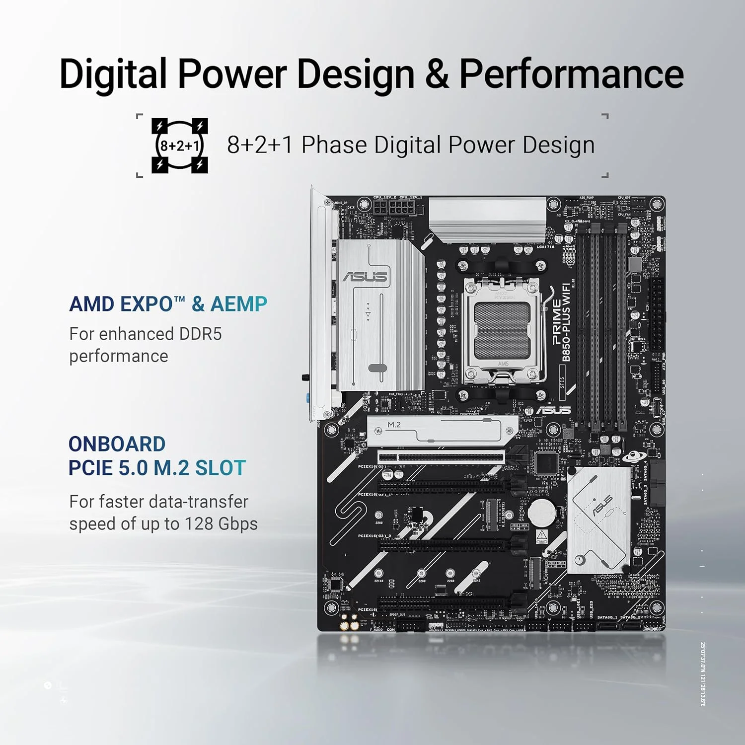 مادربرد ایسوس پرایم B850-PLUS WiFi AMD AM5 AMD B850 ATX، DDR5، آماده PCIe 5.0، 3X M.2، Wi-Fi 6E، LAN 2.5 گیگابیتی، DisplayPort، HDMI™، USB 10Gbps Type-A & Type-C®، BIOS Flashback™، Aura Sync، AI Advisor