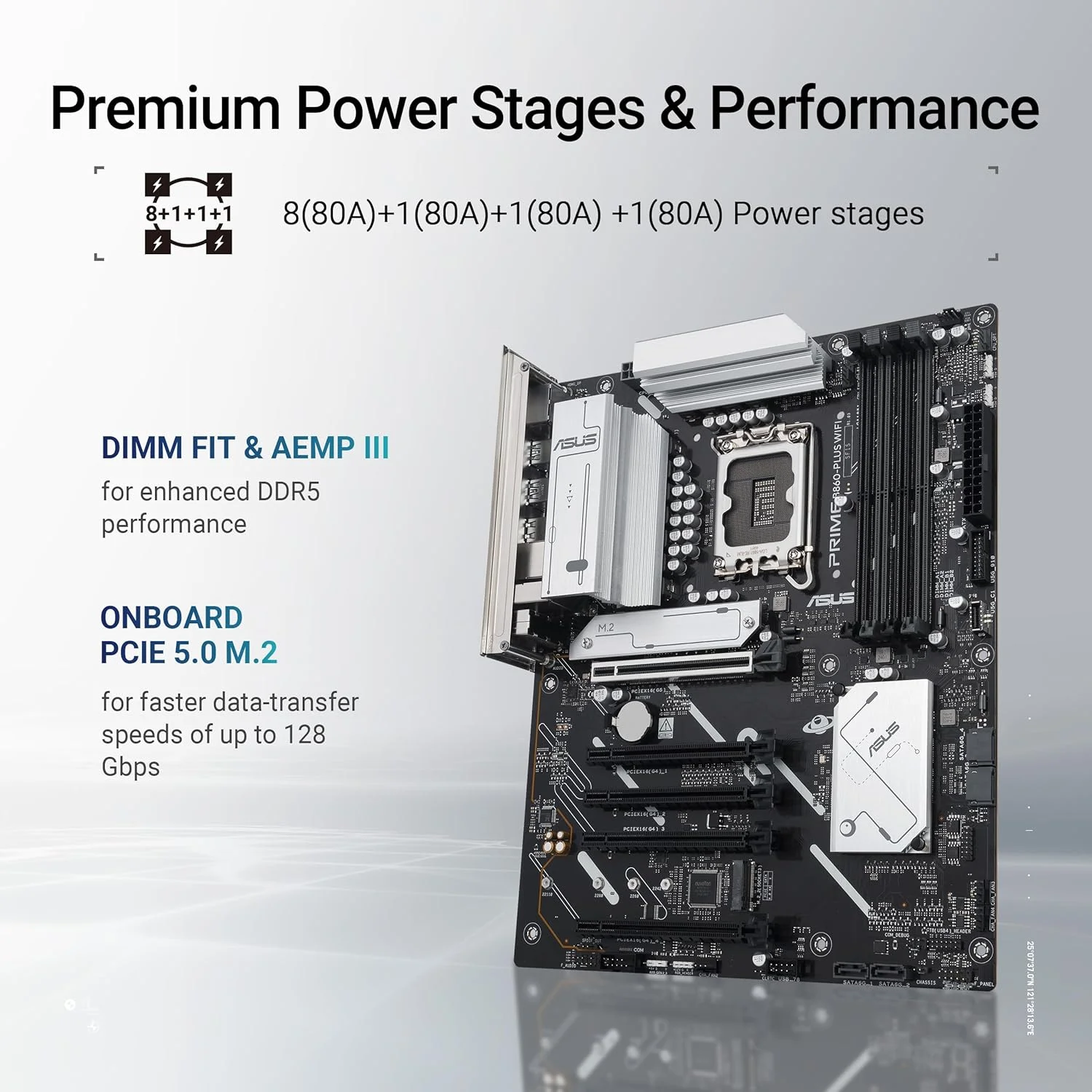 مادربرد ایسوس پرایم B860-PLUS WiFi B860 LGA 1851 ATX، آماده برای پردازنده‌های Intel® Core™ Ultra Series 2، دارای قابلیت‌های پیشرفته هوش مصنوعی، 8+1+1+1 فاز، DDR5، PCIe 5.0، HDMI، USB 20Gbps Type-C®، 2 x M.2، WiFi 6E، 2.5Gb LAN