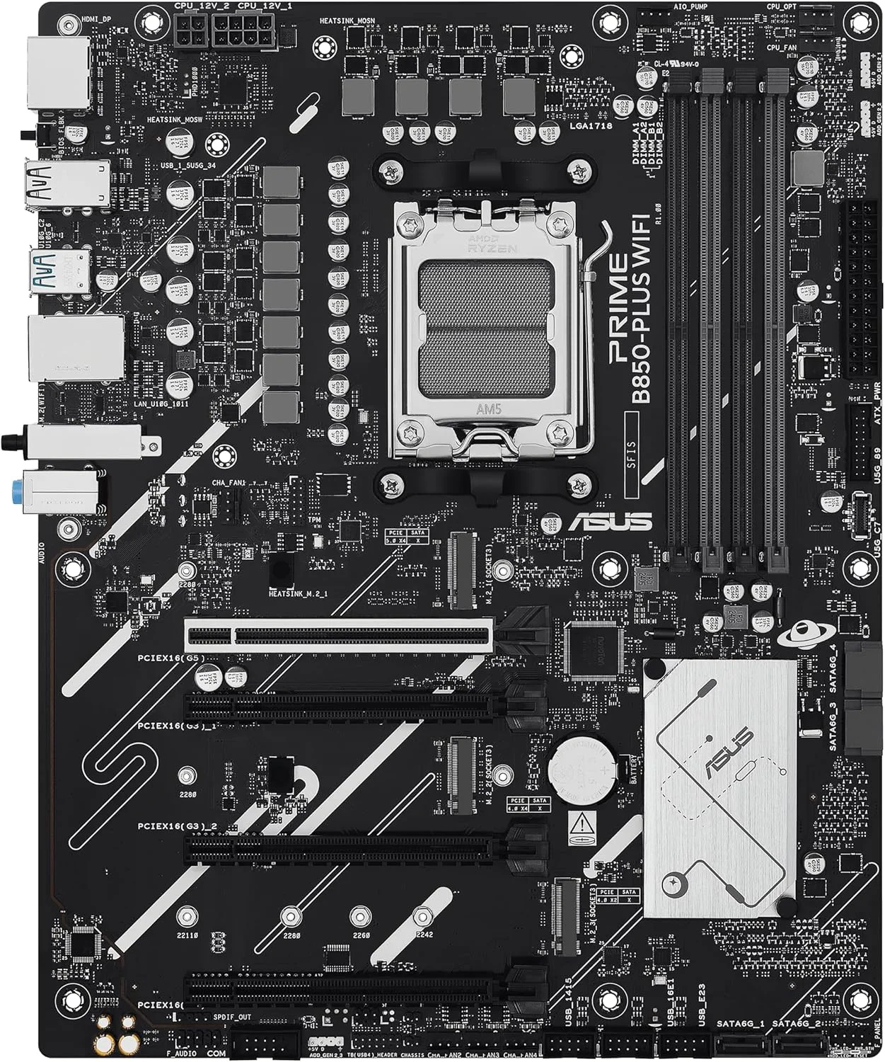 مادربرد ایسوس پرایم B850-PLUS WiFi AMD AM5 AMD B850 ATX، DDR5، آماده PCIe 5.0، 3X M.2، Wi-Fi 6E، LAN 2.5 گیگابیتی، DisplayPort، HDMI™، USB 10Gbps Type-A & Type-C®، BIOS Flashback™، Aura Sync، AI Advisor