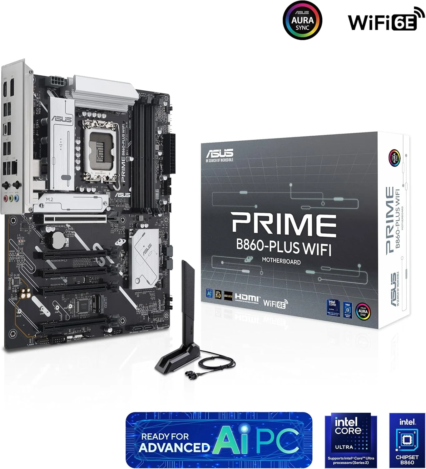 مادربرد ایسوس پرایم B860-PLUS WiFi B860 LGA 1851 ATX، آماده برای پردازنده‌های Intel® Core™ Ultra Series 2، دارای قابلیت‌های پیشرفته هوش مصنوعی، 8+1+1+1 فاز، DDR5، PCIe 5.0، HDMI، USB 20Gbps Type-C®، 2 x M.2، WiFi 6E، 2.5Gb LAN