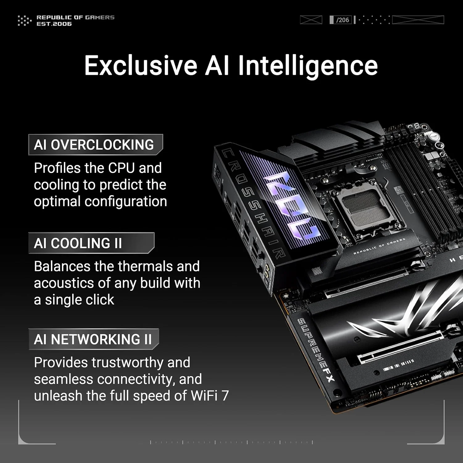 مادربرد ایسوس ROG Crosshair X870E Hero AMD ATX، دارای 18+2+2 فاز قدرت، DDR5، پشتیبانی از نسل بعدی GPU PCIe 5.0، پنج M.2، Wi-Fi 7، USB4، اورکلاکینگ هوش مصنوعی