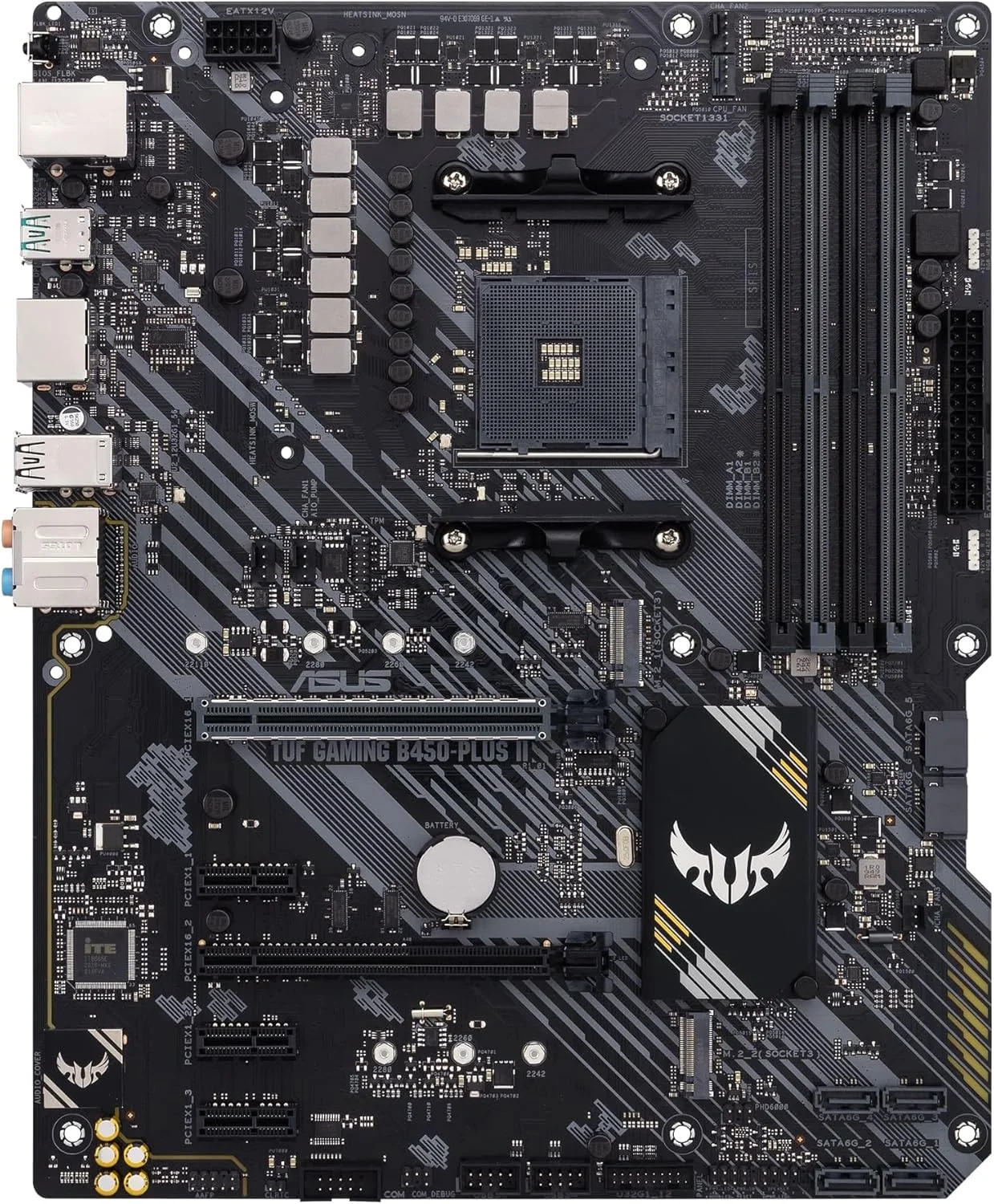 مادربرد گیمینگ ASUS TUF GAMING B450-PLUS II (AMD B450) (AM4) ATX با دو M.2، HDMI، DisplayPort، USB 3.2 Gen 2 Type-A و Type-C و Aura Sync RGB