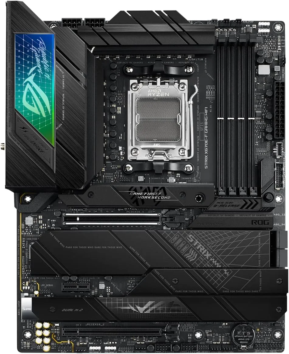 مادربرد گیمینگ ASUS ROG Strix X670E F Gaming WiFi AMD Ryzen AM5 ATX با 16+2 فاز تغذیه DDR5، 4 x M.2 با هیت سینک، USB 3.2 Gen 2x2 PCIe 5.0 WiFi 6E AI Cooling II Aura Sync RGB, H410