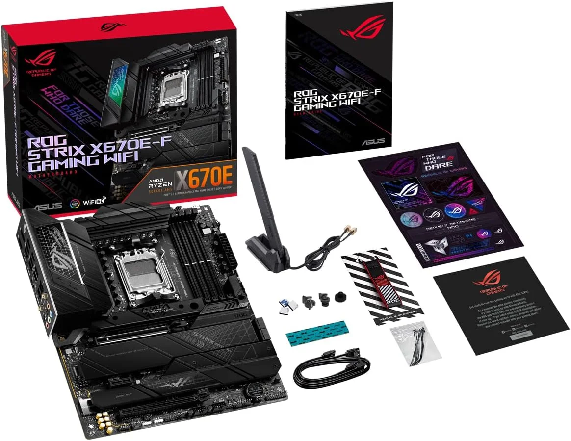 مادربرد گیمینگ ASUS ROG Strix X670E F Gaming WiFi AMD Ryzen AM5 ATX با 16+2 فاز تغذیه DDR5، 4 x M.2 با هیت سینک، USB 3.2 Gen 2x2 PCIe 5.0 WiFi 6E AI Cooling II Aura Sync RGB, H410