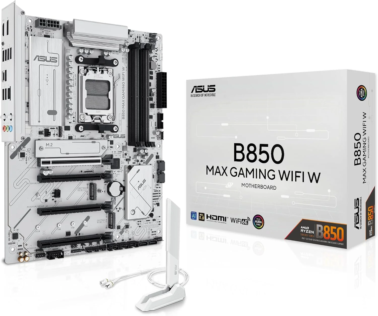 مادربرد ایسوس B850 MAX GAMING WIFI W، AMD ATX، دارای 8+2+1 فاز قدرت، اسلات DDR5، آماده برای PCIe 5.0، دارای 3 اسلات M.2، WiFi 6E، اترنت 2.5 گیگابیتی، USB-A، USB-C، HDMI، BIOS Flashback و Aura Sync، سفید