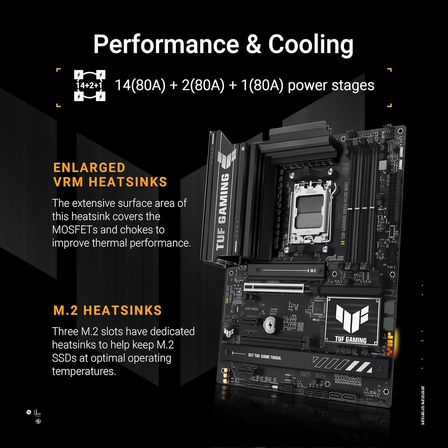 مادربرد ایسوس TUF GAMING B850-PLUS WIFI ATX: سوکت AM5، 4 عدد DIMM DDR5، 3 عدد اسلات M.2، 1 عدد PCIe 5.0 x16 SafeSlot، 1 عدد اسلات PCIe 4.0 x16 (حداکثر @x4)، 2 عدد PCIe 4.0 x1، طراحی قدرت برتر - مشکی
