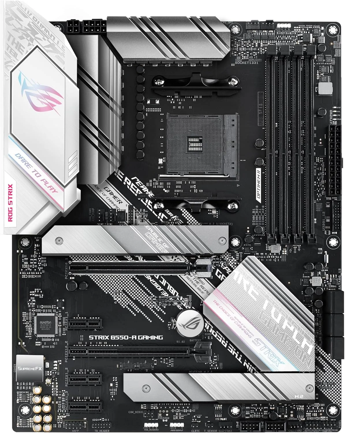 مادربرد گیمینگ ایسوس ROG STRIX B550-A GAMING (AMD B550) AM4 Gaming ATX با PCIe 4.0، Intel® 2.5Gb Ethernet، دو M.2 با هیت سینک، SATA 6 Gbps، USB 3.2 Gen 2 و Aura Sync RGB