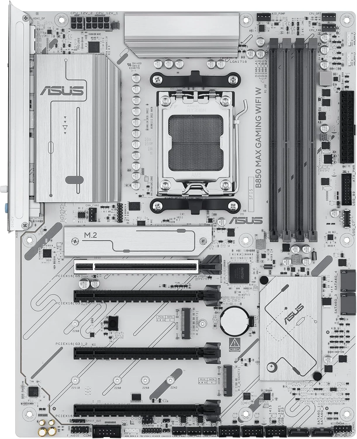 مادربرد ایسوس B850 MAX GAMING WIFI W، AMD ATX، دارای 8+2+1 فاز قدرت، اسلات DDR5، آماده برای PCIe 5.0، دارای 3 اسلات M.2، WiFi 6E، اترنت 2.5 گیگابیتی، USB-A، USB-C، HDMI، BIOS Flashback و Aura Sync، سفید