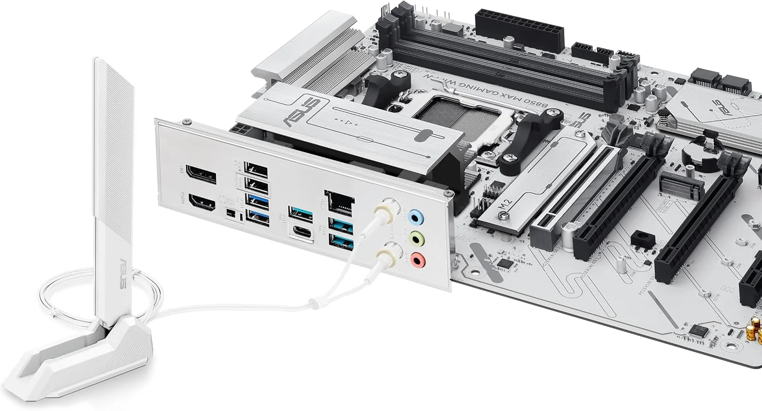مادربرد ایسوس B850 MAX GAMING WIFI W، AMD ATX، دارای 8+2+1 فاز قدرت، اسلات DDR5، آماده برای PCIe 5.0، دارای 3 اسلات M.2، WiFi 6E، اترنت 2.5 گیگابیتی، USB-A، USB-C، HDMI، BIOS Flashback و Aura Sync، سفید