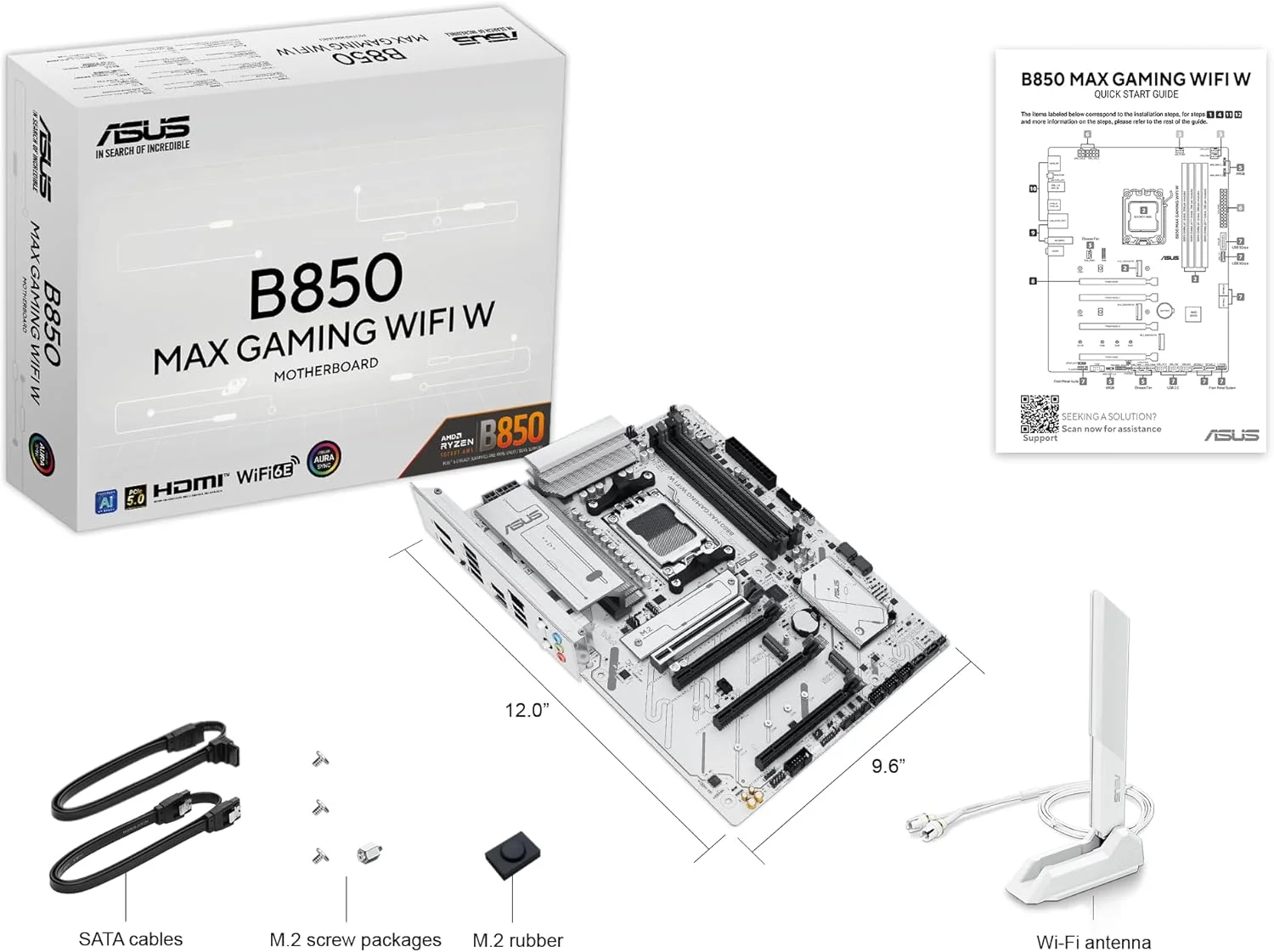مادربرد ایسوس B850 MAX GAMING WIFI W، AMD ATX، دارای 8+2+1 فاز قدرت، اسلات DDR5، آماده برای PCIe 5.0، دارای 3 اسلات M.2، WiFi 6E، اترنت 2.5 گیگابیتی، USB-A، USB-C، HDMI، BIOS Flashback و Aura Sync، سفید